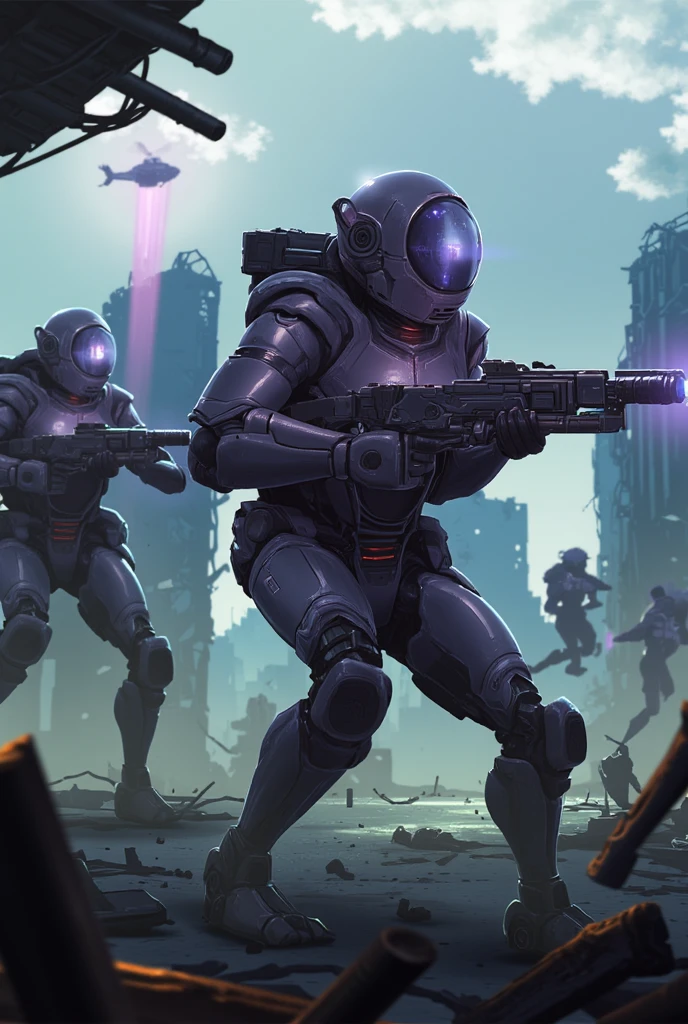 exoskeleton humans, soldiers equipped with laser cannon search a helicopter.