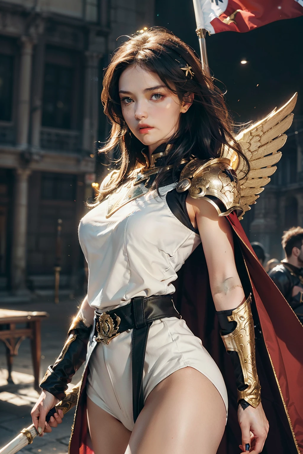 masterpiece, best quality, ultra high res, realistic skin texture, armature, (photorealistic:1.4), high resolution, raw photo, 1 girl, shiny skin, (detail skin:1.2), realistic skin texture, best lighting, wearing red pants, (perfect breast:1.3), sparkle, mecha armor, (short hair:1.2), (Pegasus Seiya:1.2), wearing a winged helmet, dramatic lighting, dynamic pose, (greek temple background:1.3), night sky, cosmos, milky way,