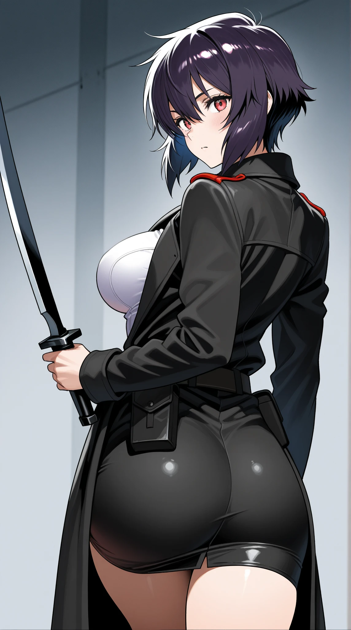 ultra-detailed, Explicit, Beautiful body, Beautiful Nose, Beautiful character design, perfect eyes, perfect face, ultra highres, 4K, beautiful legs, perfect legs, Nice hands, Perfect hand, Masterpiece, Best Quality, Highly detailed, illustration, absurdres, perfect anatomy, BOOTS, THIGH BOOTS, BODYSUIT, LEOTARD, HEADSET, absurdres, highres, solo, cowboy shot, 1girl, perfect hands, wind, (highres,best_quality,masterpiece), hair ornament, medium breast, ciel_(tsukihime), blue hair, blue eyes, short hair, (((holding swords, swords))), (((from side, looking from side, view from side)))