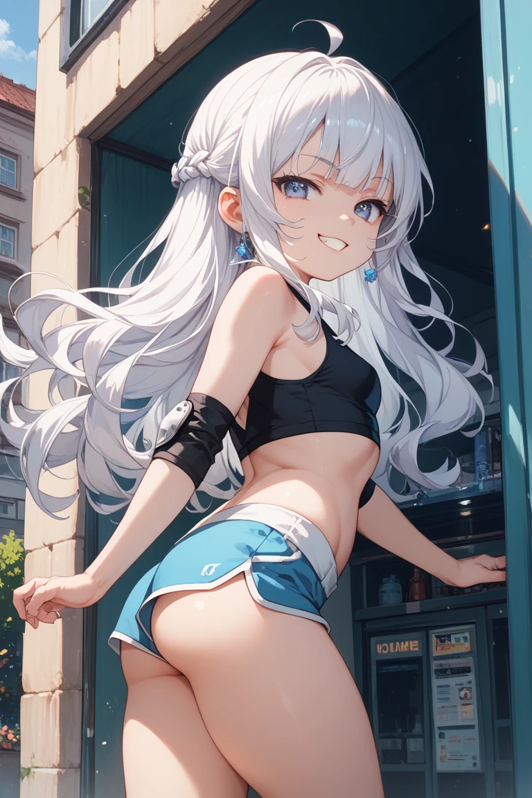   girl, tube top, micro shorts , groin,((flat chest)),slender,long hair,(loli),white hair, city street
