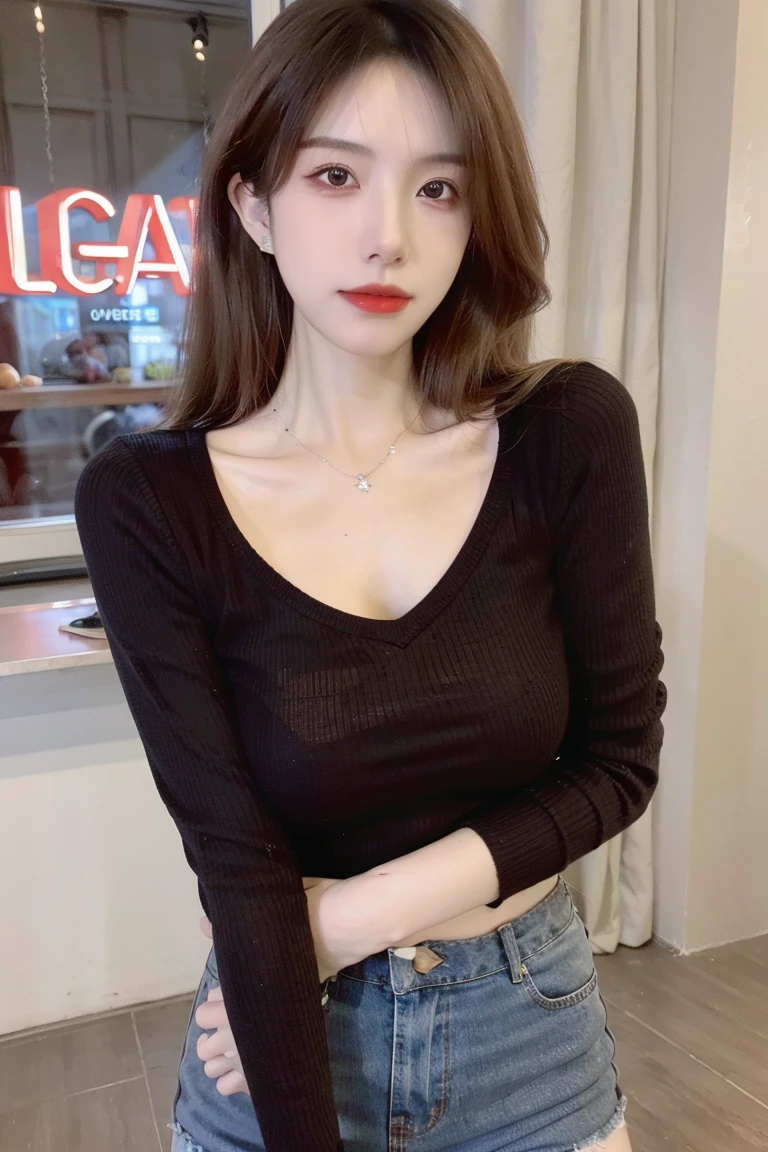 Ultra-realistic capture, Highly detailed, full_body, Skin texture must be natural, With such detail that pores can be finely identified, Skin should look healthy, (Highest quality, 8k, 32K, masterpiece, Ultra-high resolution:1.2),Beautiful Japanese one Woman, ((One Girl)),Long Black Hair,shirt,office, ((sweater clothes)) , ((black jeans)), ((in the hotel room))