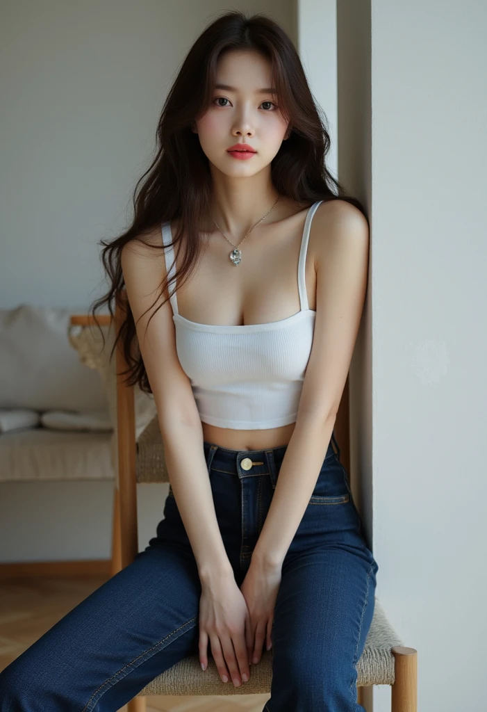 Girl in white bra and tight denim skirt posing for photo, full body, legs spread, with cut T-shirt, bra, slim body, smaller bust, slim girl model, 24-year-old female model, lying on the construction site, a group of black men onlooking
