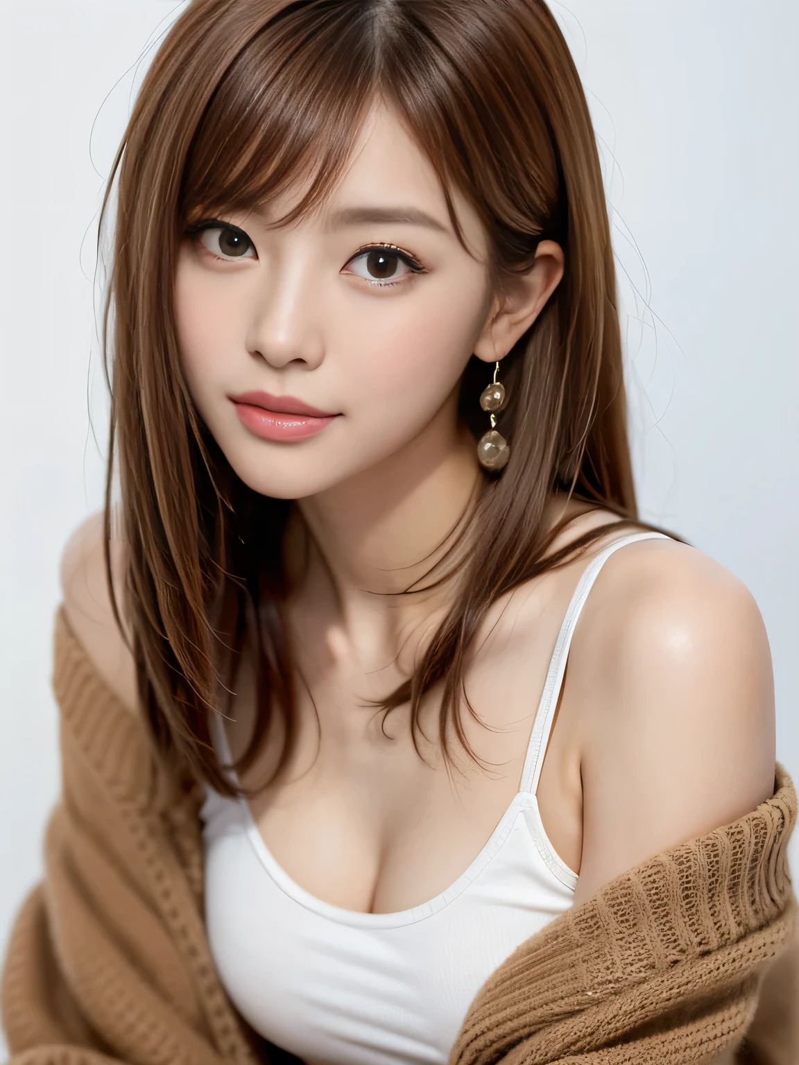 8K, top-quality, ​masterpiece, realisitic, Photorealsitic, ultra-detailliert, Natural sunlight, extremely detailed face and skin, A detailed eye, Highly detailed face-to-skin intermediate shots, Beautiful woman looking at camera, sexy pose, Beautiful face, Realistic face, Detailed face, Beautiful hairstyle, Realistic eyes, Detailed eyes, Realistic skin, Detailed skin, Beautiful skin, Attractive, A hyper-realistic, Sexy red cardigan, Gentle, Brown hair, cute Japanese girls, Full body