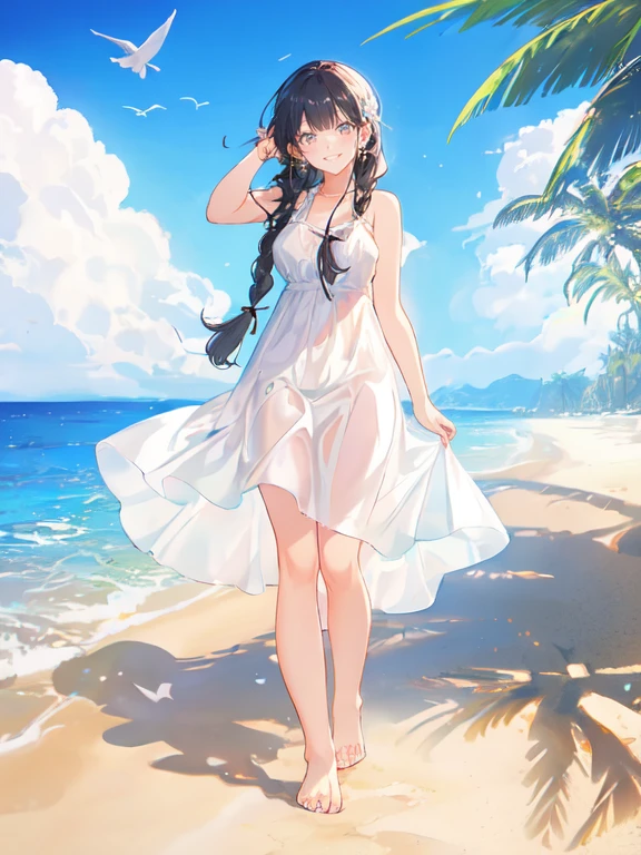 1girl in、A smile、(small tits)Chilarism、夏天、the ocean、sea bathing、(Wearing a white swimsuit)、beach、the wind、suns、Portrait from the knee up、