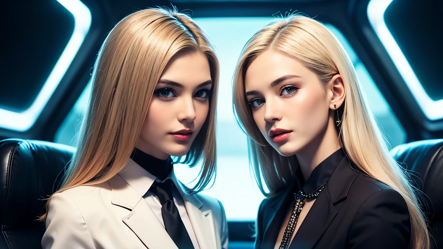 so that the face fits in the frame,head fits in frame,So that the hair fits in the frame, upper body shot of 2 beautiful white supermodels walking apart with blue eyes, 18 years old, platinum blond hair,with gold tie、blue sapphire crystal on top of gold tie、sapphire brooch on top of tie、Emerald jewel on collar、emerald brooch on collar、 business style ,(long-sleeved high neck shirt with ties and blazer),The collar closes to the neck,small breasts,gentle smile,Both of them are white beautiful supermodels with platinum blond hair,Operating a keyboard,口を開けてlaughs,(lip gloss, long lashes, Shiny surface, about), (eyeshadow), (Pointy Nose),sharp chin,Large office floor in a skyscraper in the background,real skin,UHD,8k,high quality,high resolution,rich in details,studio lighting,very detailed VFX portrait,Highest Quality,celebration, 😊😳,laughs,2 beautiful white models aboard a spaceship traveling through the galaxy so that their face, head, and hair fit in the frame,front view