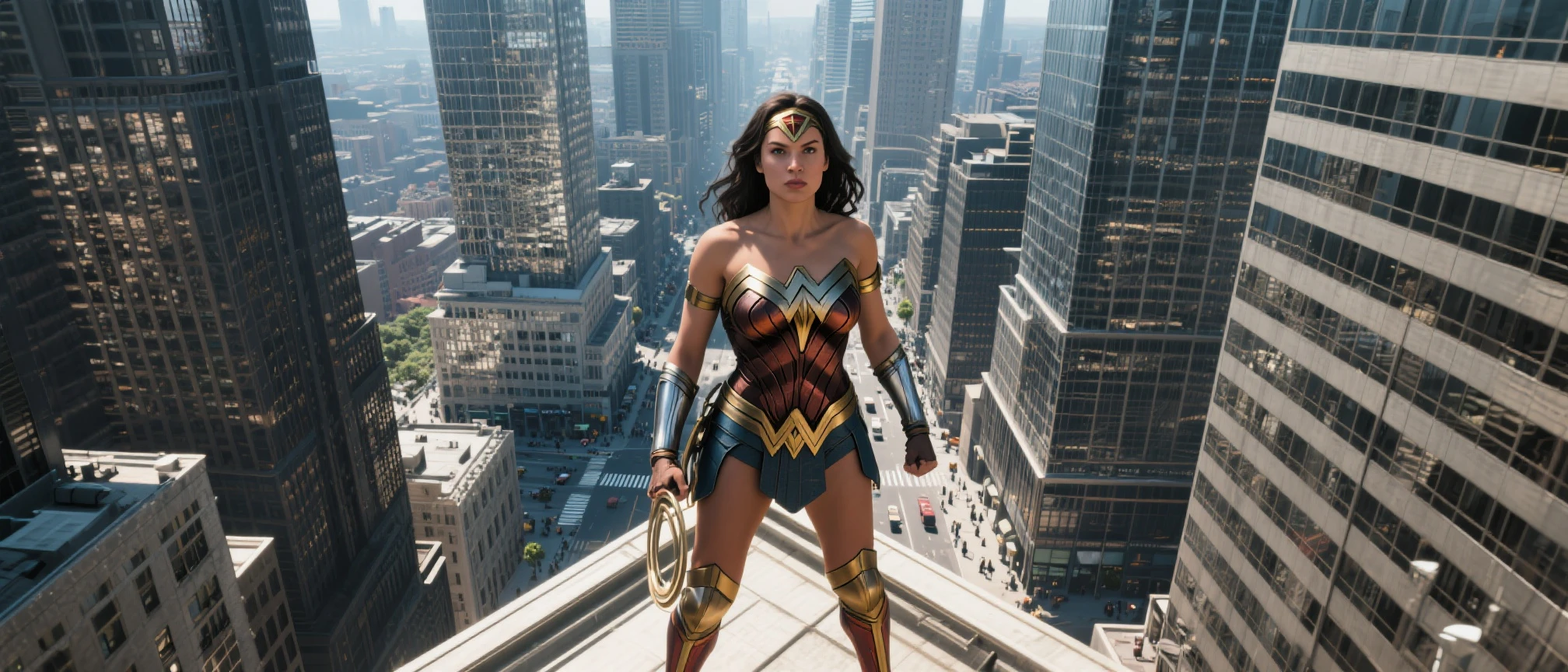 Wonder woman crouching on a rooftop looking down (Best Quality)), (Ultra-detailed), (extremely detailed CG unified 8k wallpaper), Highly detailed, High-definition raw color photos, Professional Photography, Amazing face