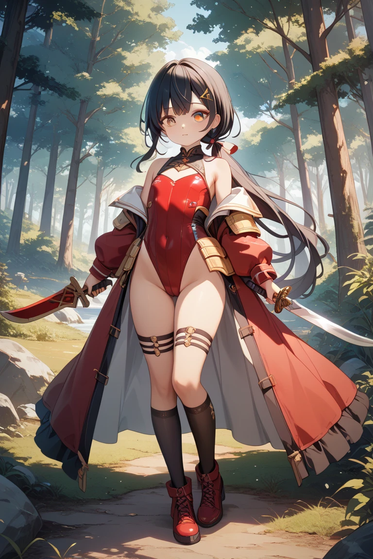 (good quality), (many details), (masterpiece), scene, young woman as inquisitor in the forest on the hunt, running between the trees, dark gloomy forest at night, stars, blood moon, cloth armor, corsair hat, silver medalion, silver chain,, nakcte breasts, no pants, torch and sword, black red armor, black hair, evil eye, NSFW, sexy, erotic, porn, full view