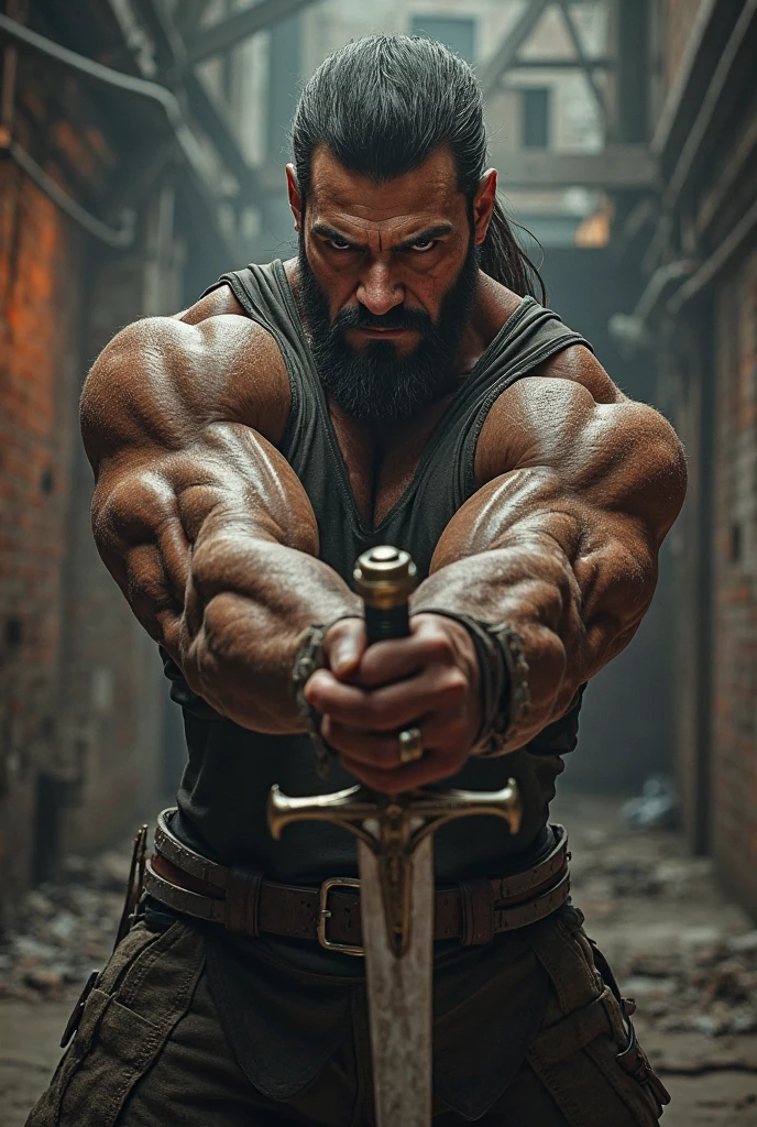 (((Shirtless mercenary holding a two-handed sword))), training, defined muscles, (((anatomically perfect))), high, ((wide shoulders)), (((three quarter pose)))