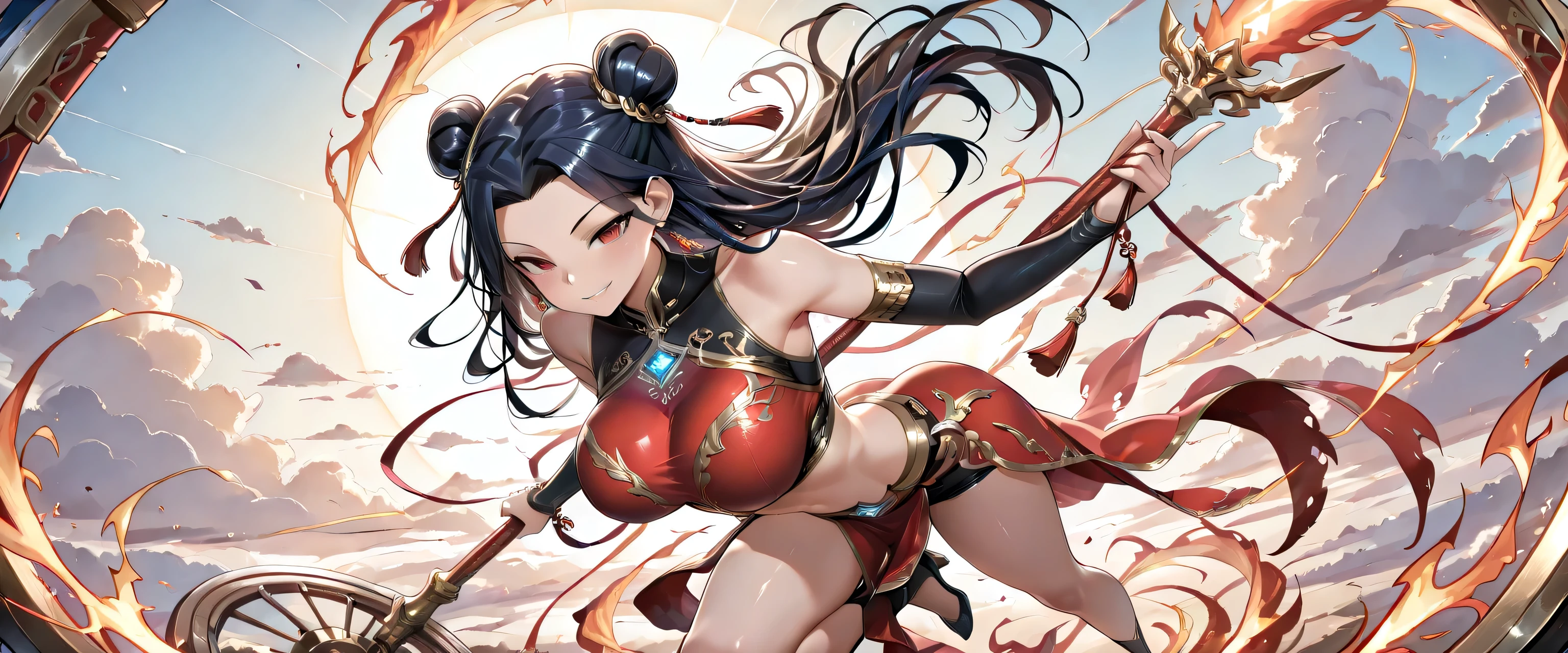 (masterpiece, best quality, ultra detailed, chinese mythology fantasy style, 4k), a fierce and enchanting female version of Nezha (Na Tra), riding atop her blazing flame wheels (Phong Hỏa Luân) high in the sky. Her pose is dynamic and commanding — one leg bent forward on the spinning wheel, the other trailing gracefully behind as she balances mid-air, flames swirling beneath her feet. She has glowing red eyes, wild black hair tied into twin buns with golden dragon ornaments. Her face is youthful yet fierce, with a mischievous smile and fierce gaze that reflects both rebelliousness and divine power. She wears a red and gold battle outfit with armored elements and flowing silk sashes. Her midriff and shoulders are exposed, showcasing her athletic, toned body. In her four arms, she wields a flaming spear, a golden Càn Khôn Circle, a floating silk ribbon (Hỗn Thiên Lăng), and a fire lotus charm. Her red aura crackles with divine fire, and dragon-shaped flame patterns trail behind her as she rides. The sky around her is stormy and divine — clouds torn apart by her speed, with lightning and heavenly symbols glowing in the background. Her expression is playful yet indomitable — a fire goddess of youthful chaos and divine justice. Style: mythological epic, Chinese fantasy, big breast, footbare.