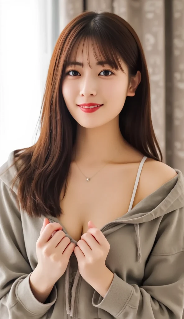 masterpiece、4K、highest quality、beautiful korean woman、detailed description、1 girl、23 years old、(S Pajamas、wink:1.3)、(very light makeup:1.2)、(movie, Ilford HP5, 80mm)、 written boundary depth、cowboy shot、smile、chest comes out、sunlight