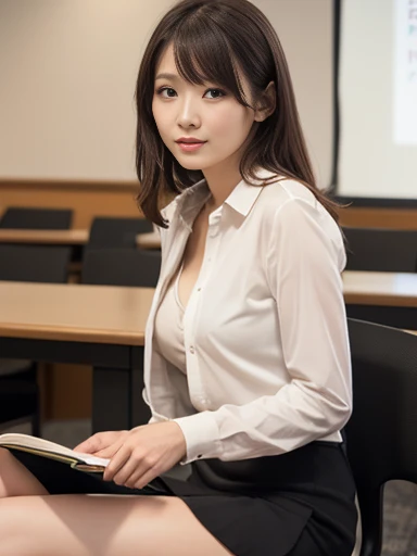35 Years Old, japanese mature woman, wearing tight Teacher uniform, black sexy Long stockings,huge breast, cleavage breast, seductive face, full body, classroom, breast Burst out from her uniform, unbuttoned uniform, sitting on table, spreading her legs, Showing her underwear