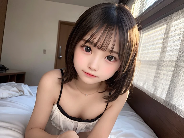 Highest quality, masterpiece, Ultra-high resolution, 8k, RAW Photos, Realistic, Anatomically correct:1.5), 20-year-old girl:1.2, Embarrassing, avert your eyes, blush:1.0, View Viewer, ((Hotel room at night)) 、(Dim lighting)、On the bed、Large windows、Night view、 Light:1.2, Bokeh, Cinema Lighting:1.0, sharp、 Cute Face、Idol、Short sleeve tulle top、Tulle skirt、(Black clothing)、”dwarf”、(Floral clothes)、(Full Body Shot)、Side angle、Cowboy Shot、Sexy pose、 smile、((Ultra short hair、Berry Short))、(Straight bangs)、(( One Girl))、(Waist)、(I can see your thighs)、(Accurate depiction)、((Fuller lips)),Large Breasts、