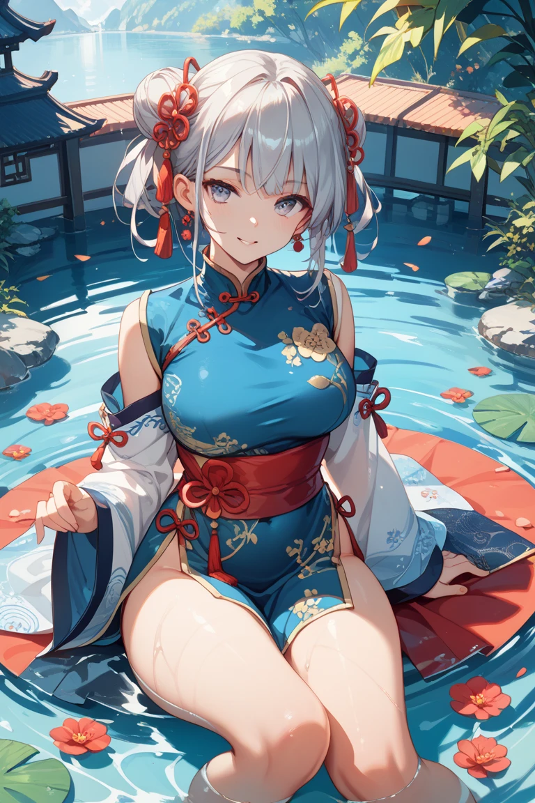 top quality,best resolution,(soaking wet的白色长旗袍),Super detailed, She has a white twin tail,20-year-old young girl,charm,Design intricate clothes,blue eyes,she has earrings, wealth,gorgeous,Vision, Vision,Elegant and charming,Mildly curvy figure,((White transparent garter stockings)),((soaking wet,Soak in ancient Chinese hot springs,In the water)),night,little lighting,charm的姿势