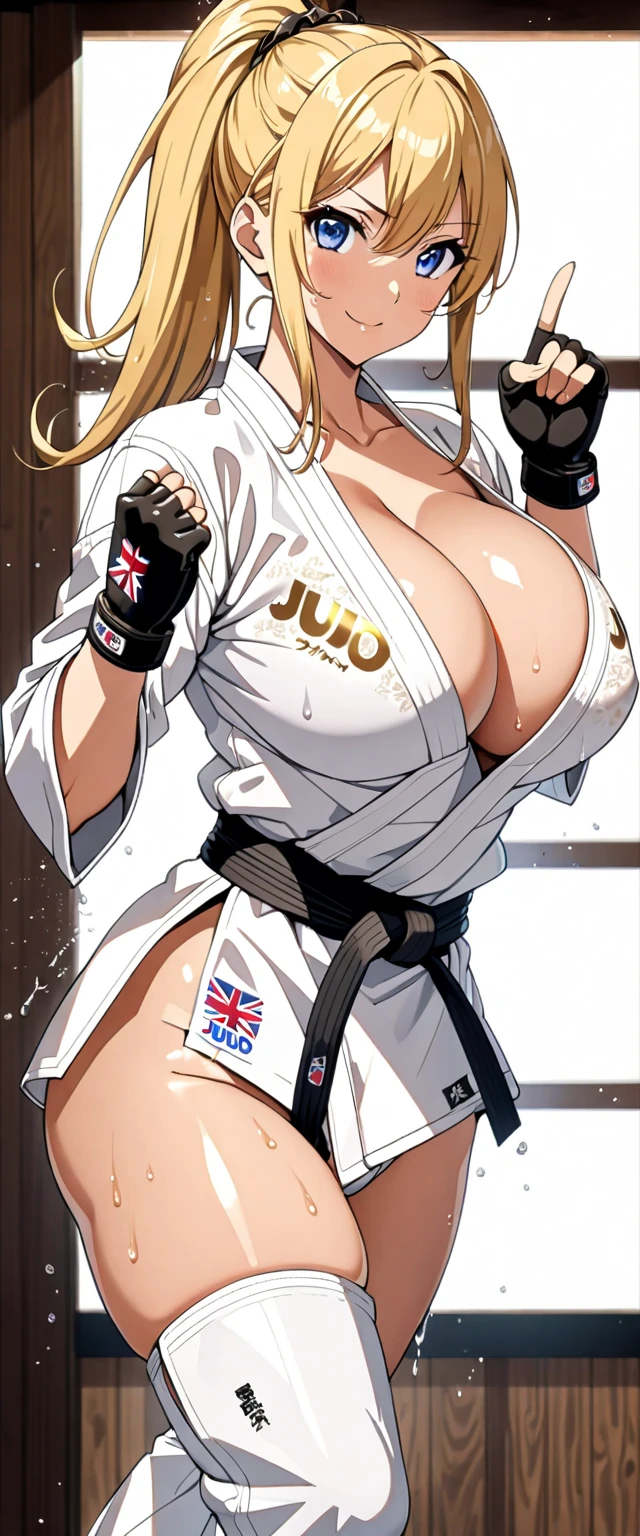 ((masterpiece)), ((Ultra quality)), ((super detailed)), ((high resolution)) ,((8k)), a beautiful woman, ((She is one of the most famous female Gravure idol in the world.)), unparalleled beauty, ((huge breast)), ((large ass)), ((deep cleavage)), slim waist, chest out, ultra detailed face, perfect skin, (((Half-up hairstyle, Blonde Ponytail hair))), blue eyes, detailed eyes, whole body image, sexy, an inviting smile, sensual, (((anime))), ((glamorous)), sexual attraction, 2, ((incredibly beautiful woman)), ((The H cup bust)), ((((sexy pose)))) , (((judo wear, Crotch))), ((beautiful breasts)), beautiful legs, 8 life size, anime, the most beautiful and strongest, ((charm)), ((Half Japanese and half British)), ((Grown-up face)), ((Open Finger Gloves, Five fingers)), ((Mixed Martial Arts, During a martial arts match)),