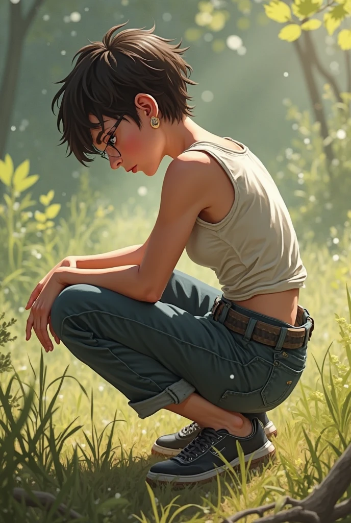 The Urban Ruins of the Wasteland, Female huntress picking fruit in the garden, torn shirt and denim shorts , sweating through, sun rising, Nice warm colors, The best volumetric lighting, Hyper Contrast, Ultra Hyper High Quality Textures, Squatting