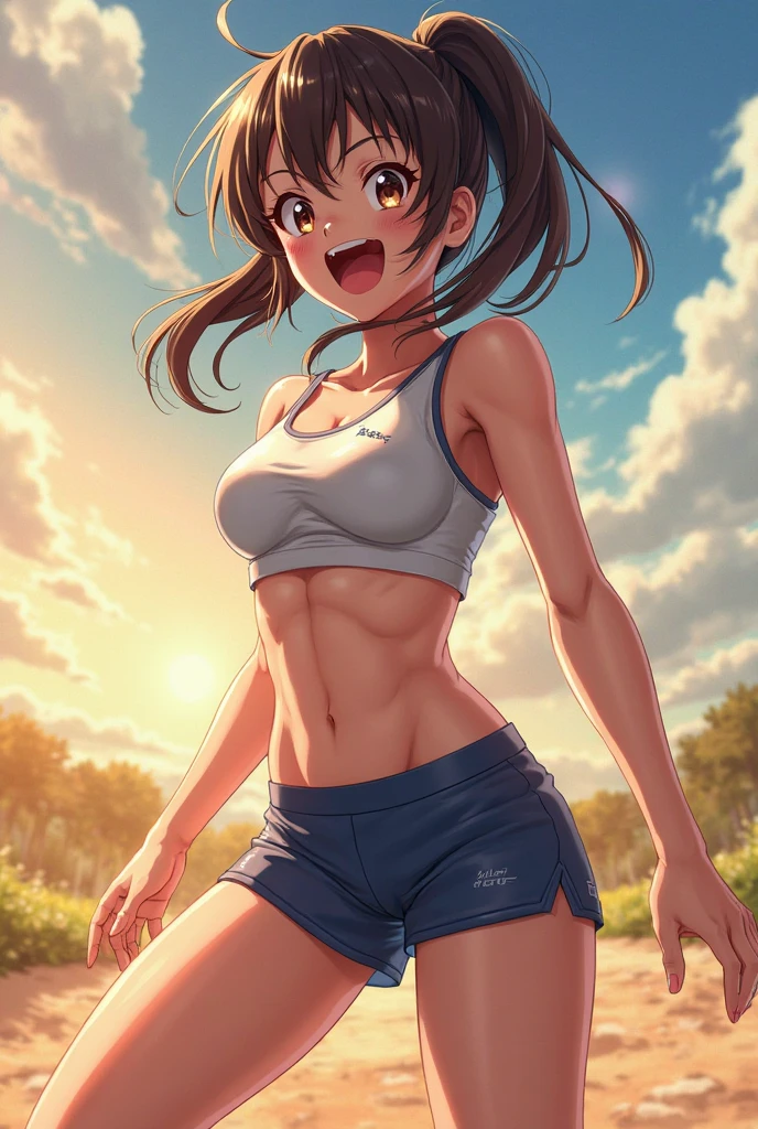 a japanese cute girl, 18years old, wearing colorful track uniform, standing, hands on hips, navel, tone body, masterpiece, 4k, perfect face, good anatomy, at track, side face, (((sweat face))), photo, towel on neck and swipe sweat, smile,