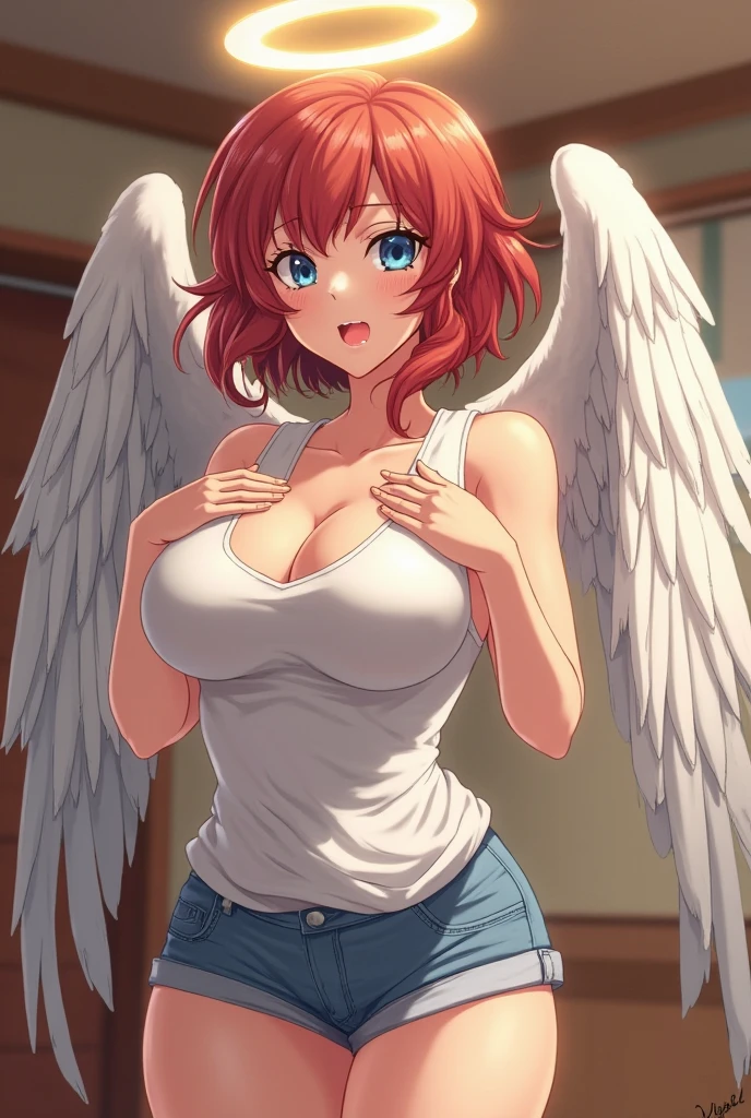 bestquality、Ultra High Res、(photorealistic:1 beauty girl.4 Beauty)、。charming face。Model Face。hair long。slender。BIKINI、beautiful detail、Red hair。Big Boobs。shortpants。Short jeans pants。ear ring。Raking up your hair。Detailed details。vivid。realistic details。lifelike。naked,。Angel wings extending from the back。embarrassed face。shyness。Blushing。Get on your knees。Get on your knees。Eyes closed。kiss face。Kissing face with closed eyes。kiss。Look up。Pressing for a kiss。Ask for a kiss。Kamimei。Kiss with upward eyes。