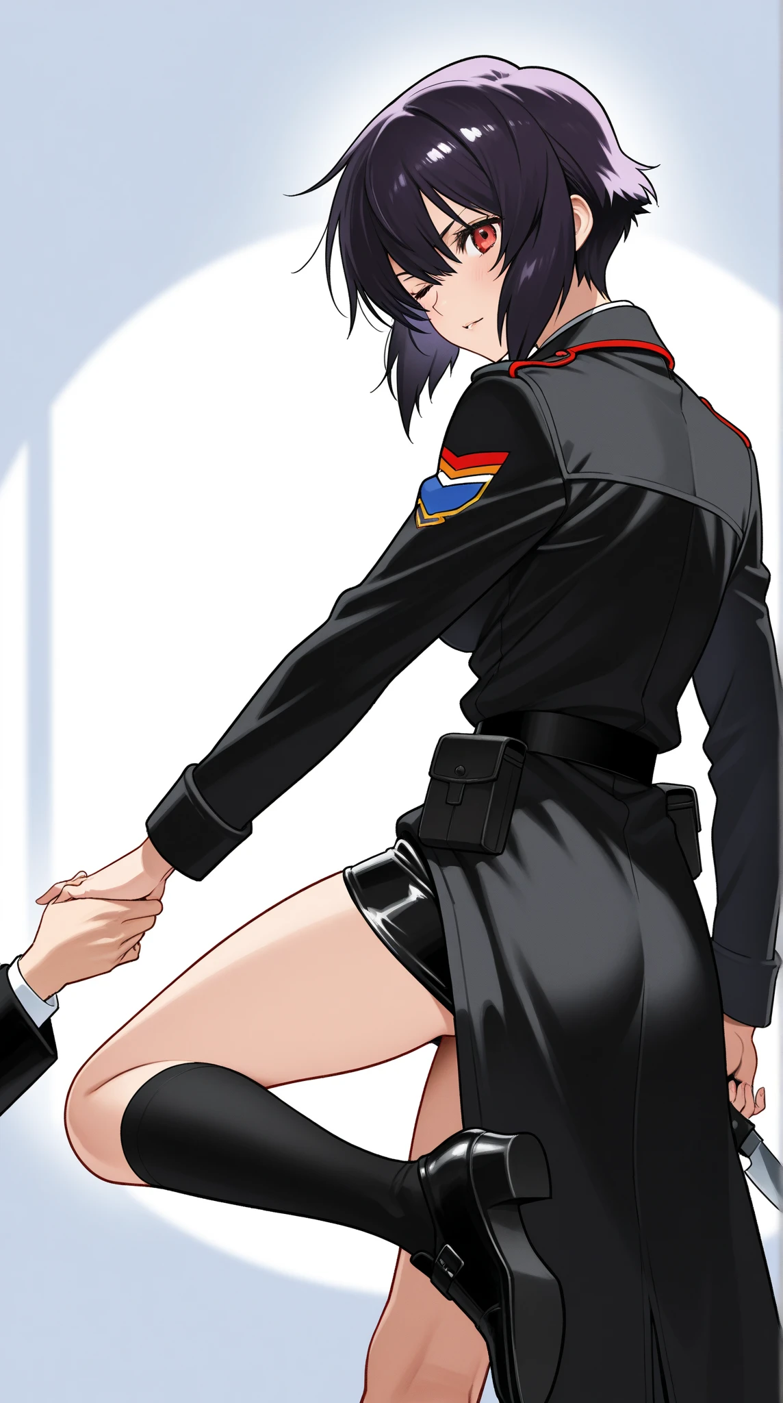 sex vaginal, floating, holding, girl legs around back boy, boy holding girl, , anime style, open chest,upskirt, kanao tsuyuri (demon slayer), purple eyes, black hair, butterfly hair ornament, demon slayer corps uniform,