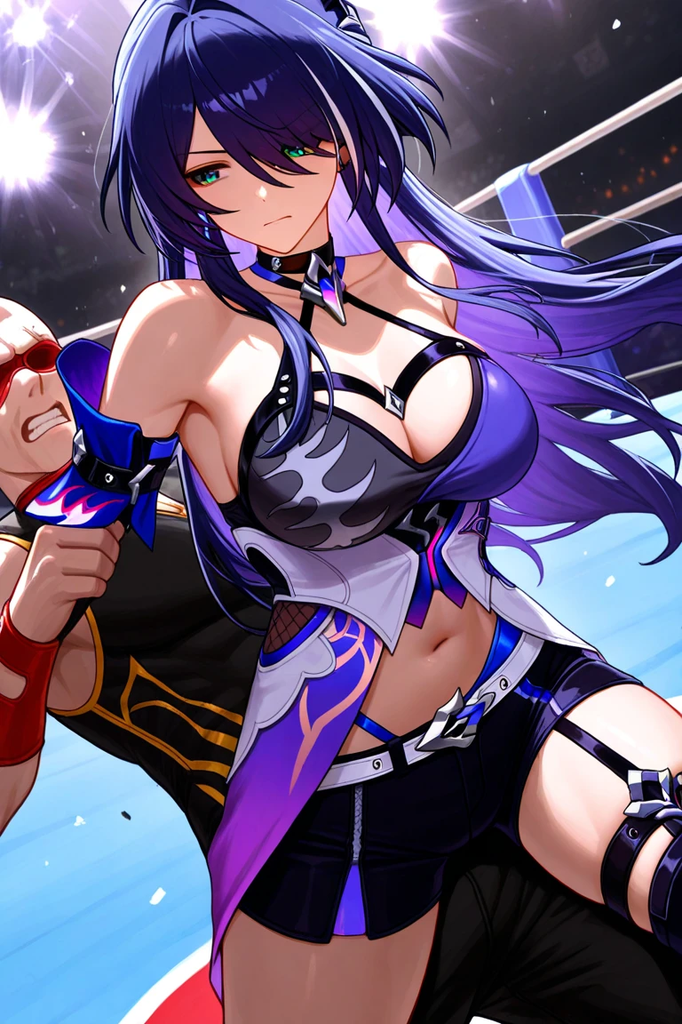 (masterpiece,best quality:1.3),(ultra-detailed,high resolution:1.2),(illustration),((an extremely delicate and beautiful)),(detailed background),((1girl,short stature)and(1muscular boy,tall stature)),hetero,(1girl,short stature:1.4),((((raiden shougun/(((genshin impact/)))),(curvy:1.4),(large breasts), pale skin,shiny skin, (rolling eyes:1.4),(ahegao),(trembling), cum in pussy,(cum on clothes:1.4), cum on body,cum in mouth,cum on hair,excessive cum, (1muscular boy,tall stature:1.4),smug,large penis, ((vaginal,sex)),(upright straddle,couple,face-to-face,kiss),(wrestling ring),