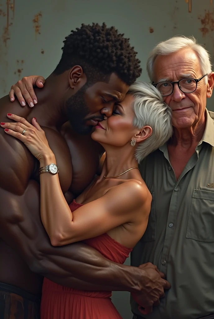 Joe Biden laying in bed with Mia Khalifa, on back, Joe is well build, no shirt, looking at the viewer, viewer is looking down on, bottom half is covered with a white sheeth, Mia Khalifa in black bra, hugging eachother,