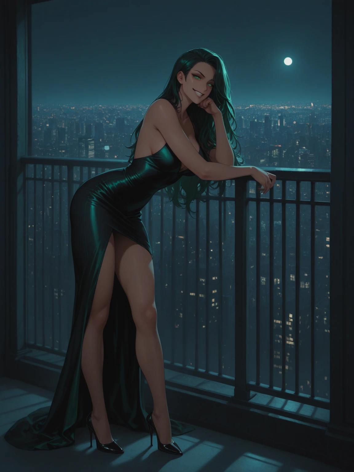 (masterpiece, best quality),1girl with long purple-black hair standing on the edge of a sky scraper, swedish face with sharp features, her hand under her chin, warm lighting, gothic dress,  glowing purple eyes, golden-tan skin