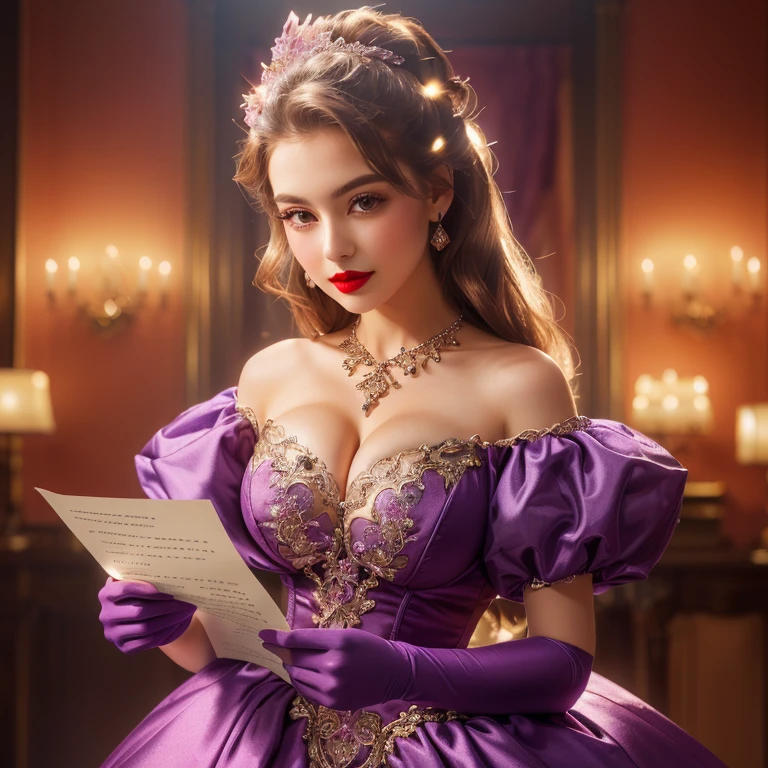 A Sideview elegant photo, golden aura photo of a young beautiful redhead bbw with soft fat belly, wide fat obese hips, thick fat legs and fat arms, cute pretty face, small breasts, blue eyes, freckles, in a purple covering detailed long beautiful pianist dress Wearing jewelery and golden female watch, sitting and playing a grand piano in an opera, goldem hour
