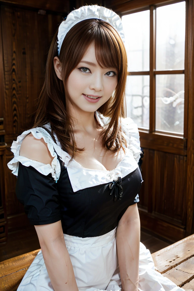 State Guest House、maid costume、open chest、セクシーなmaid costume、Nothing is worn inside、full body shot、A woman with the same face as last time(misaki),4K、1people's women、slender、 Loose wavy styling 、seductive and attractive,Including face and skin texture,detailed eyes、a seductive look