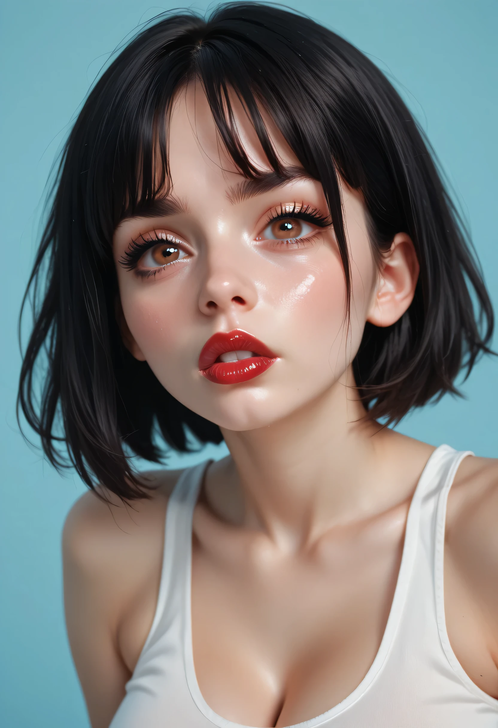 1girl, (perfect face), detailed pupils, feminine, ((large breasts)), white round tank top, looking at viewer, black hair, short hair, black eyebrows, thin eyebrows, brown eyes, big eyes, cry eyes, sad face, black eyeliners, thick lips, red lips, open lips, blue background