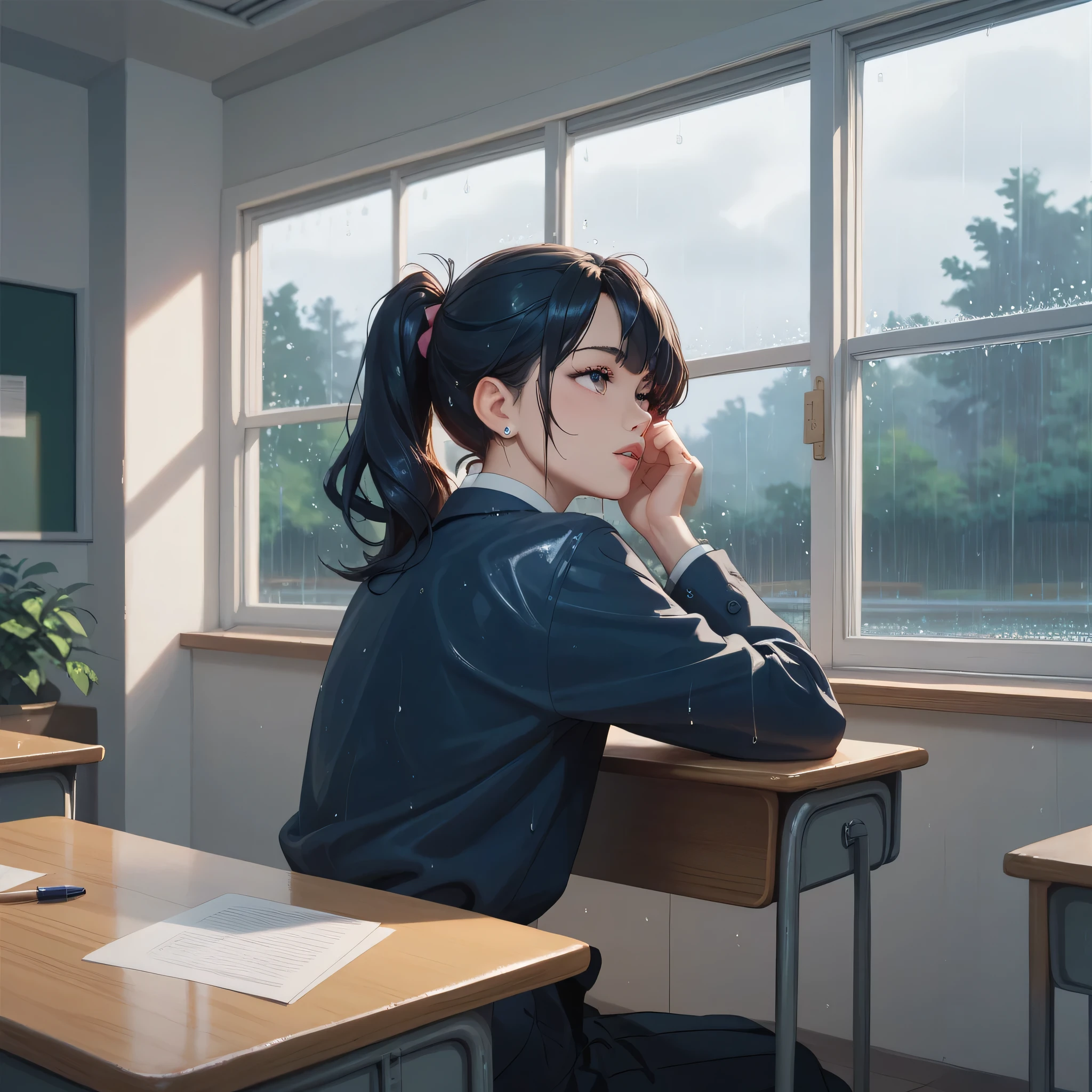 📷 Visual: A school building in the rain. Raindrops sliding down the classroom window.

