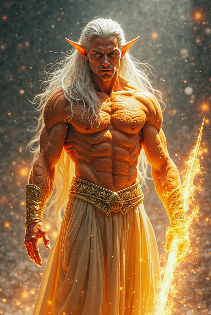 Draw a figure similar to the Son of Man with a long robe and a gold band across his chest. The head and hair must be white like wool and snow, and the eyes like flames of fire. The feet should be like polished bronze, refined in a furnace. In the right hand, place seven stars, and from the mouth should come a sword sharp on both sides. The face must shine like the sun in all its splendor."