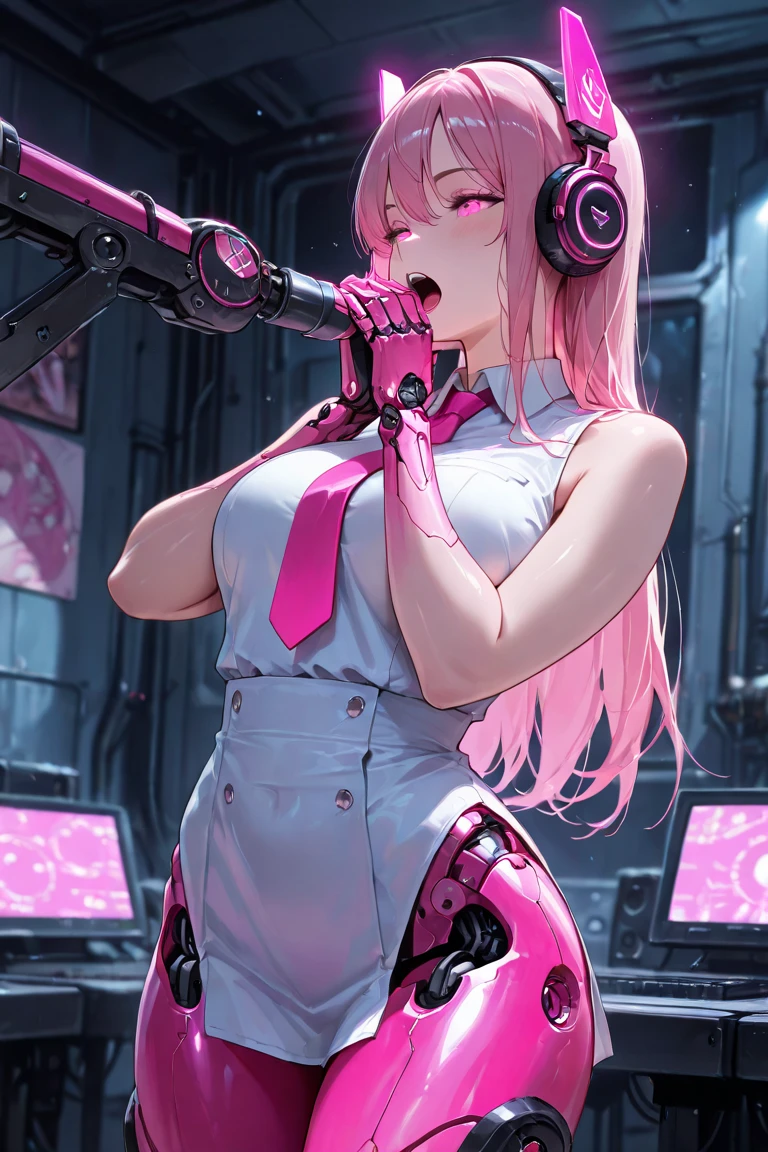 Cool fox tail, full body, perfect face, fox ears, fox fur, pink hair, one long braid (((super detail)))), (((illustration)) slender body, slender body, red eyes, astronaut_pink, front view, woman, smile, happy, various metal background, laboratory, cyberpunk, highly detailed CG Unity 8k wallpaper, Ultra Thin Sheer Mini Micro Bikini Top, Ultra Thin Sheer Mini Micro Bikini Bottoms