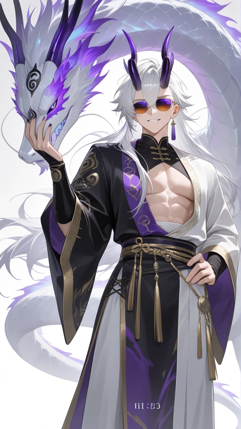 Tall guy, long white hair, fox ears, purple eyes, open kimono, open chest, chains, smile, masterpiece, high quality