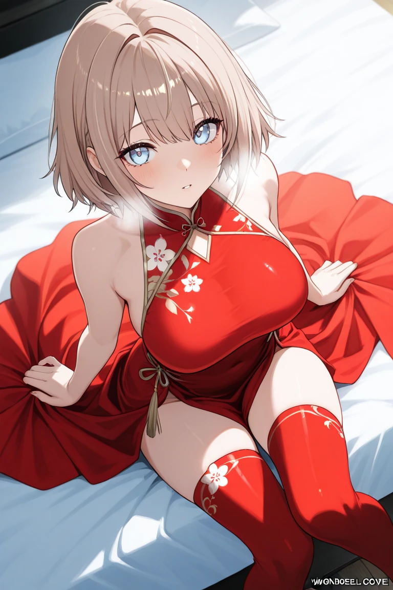 Chisato Nishikigi, Chisato Nishikigi, short hair, bangs, Blonde, (Red eyes:1.5), Hair Ribbon, One side up, Bobcut,Looking at the audience, Heart shaped eyes, at the same time, Nadium Chest, blush,View Audience, From below, concentrate, Beyond the Particles of Light, Love hotel bedroom, I rode it a lot,Red Garter Belt,Red underwear,Red bra,Red pantyhose,Big Breasts,Get on all fours,break looking at viewer, (Cowboy Shot:1.5),break (masterpiece:1.2), Highest quality, High resolution, unity 8k wallpaper, (shape:0.8), (Beautiful and beautiful eyes:1.6), Highly detailed face, Perfect lighting, Highly detailed CG, (Perfect hands, Perfect Anatomy),