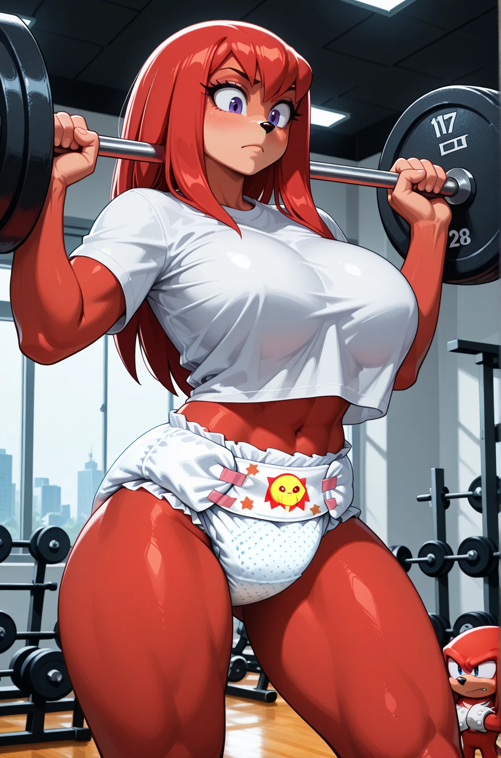 (1girl) solo woman tall girl ((Sexual Erotic:2)) ((Massive Female Bodybuilder:1.8)) curvy (extremely long red hair) (perfect female anatomy) tight shirt tight pants cowboy shot