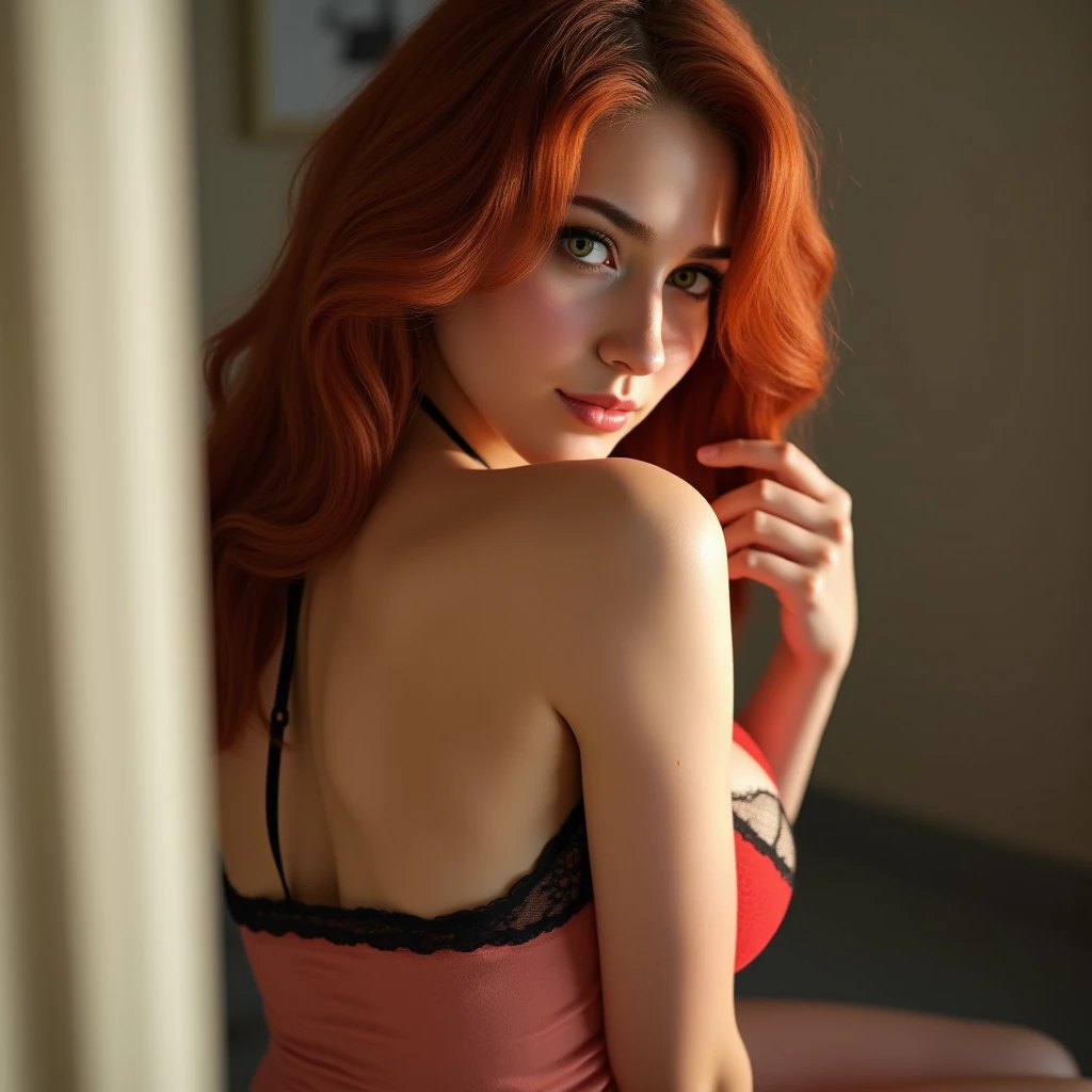Make an image of a woman with red hair, light blue eyes, tanned skin, wearing a black satin dress. She is very beautiful and her features are delicate and striking.. Ela parece com a atriz Elizabeth Taylor