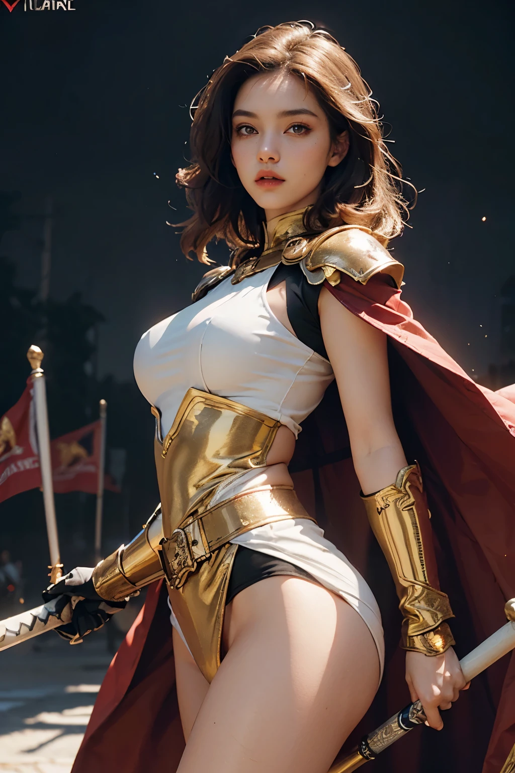 (Highest quality, 8k, 32K, masterpiece, 超High resolution:1.2), (Realistic:1.5), (masterpiece, Extremely detailed CG unity 8k wallpaper, Highest quality, High resolution:1.2), (Super detailed, 超High resolution:1.2), (( Wearing a breastplate)), , (((Big Breasts))), (((Big Breasts))),(((Big Breasts))),((Cleavage))、Photo of extremely cute and beautiful Japanese woman, (Chestnut brown syo-to hair:1.2), Adult, (Beautiful detailed:1.4), Highest quality, woman, Adult, (Detailed US Air Force pilot uniform:1.5), (Red Pilot Captain Jacket:1.3), (Red mini skirt:1.3), (((日本刀を持つwoman)))、(((Metal shoulder pads)))、(((Metal armor on legs)))、Detailed clothing, (Beautiful sunset、US Air Force Base runway scenery background:1.3), Laugh shyly:1, A light smile, View your viewers, Facing the audience, ((完璧なwomanの体)), (Tight waist:1.2), (Upper Bodyの画像:1.3), thin, Abdominal muscles, (Large breasts:1.25), ((Encircling the head)), Wind, Dynamic pose, Cinematic Light, Backlight, Perfect Anatomy, Perfect Proportions, Detailed human body, Bokeh, Depth of written boundary,Show off your breasts,,Show off your breasts,,Show off your breasts,Upper Body、up