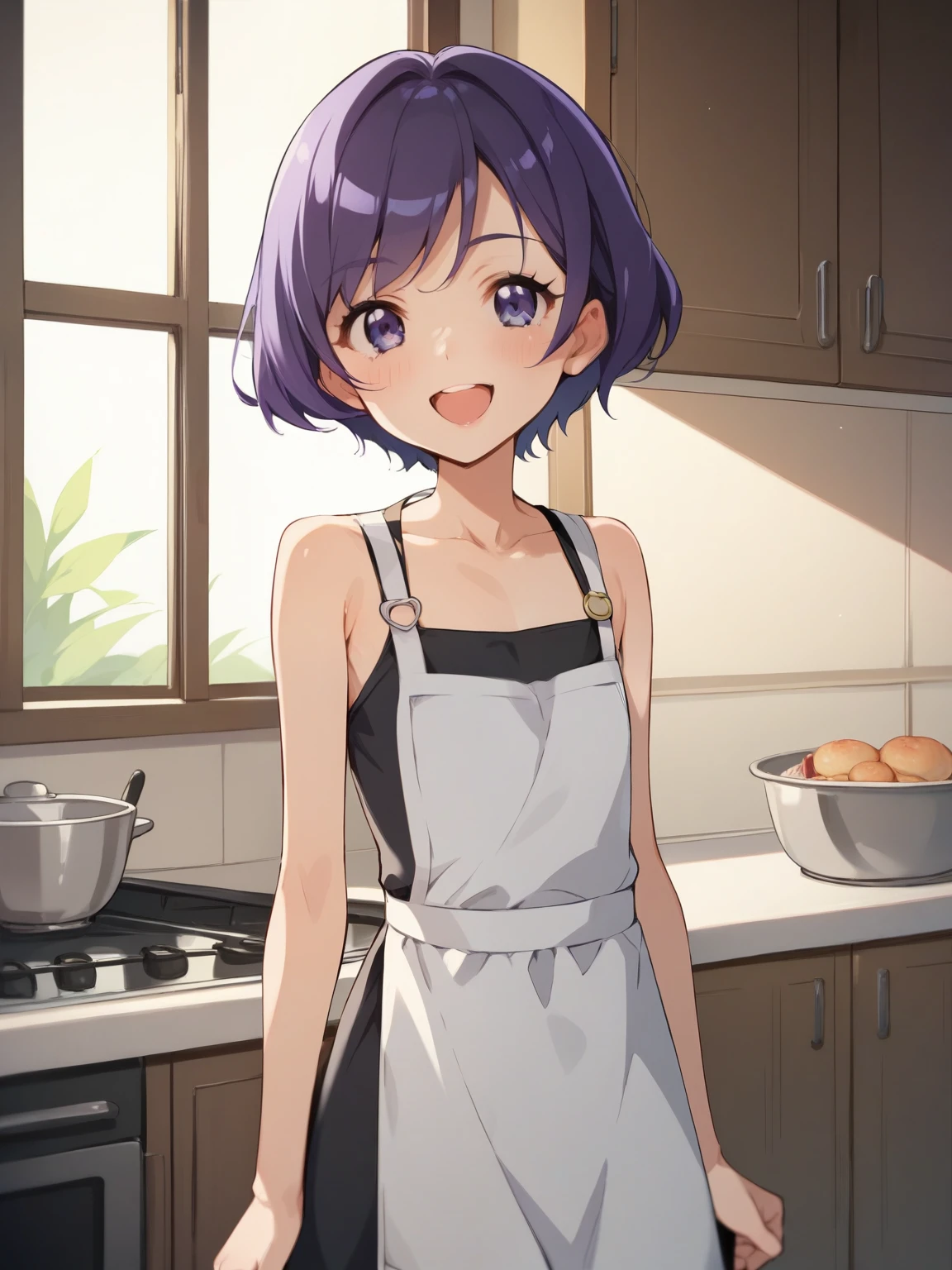 score_9, score_8_up, score_7_up, score_6_up, score_5_up, score_4_up, anime,nsfw, uncensored,anime girl,correct anatomy,young ,Petite,short,skinny,flat chest,1 girl on break day,cute girl、 Delicate Figure 、flat chest 料理、Smile Wearing an Apron、 open your mouth 、purple hair behind closed doors、short hair、Headwear Standing in the Kitchen,Pretty Cure Style:1.3,
