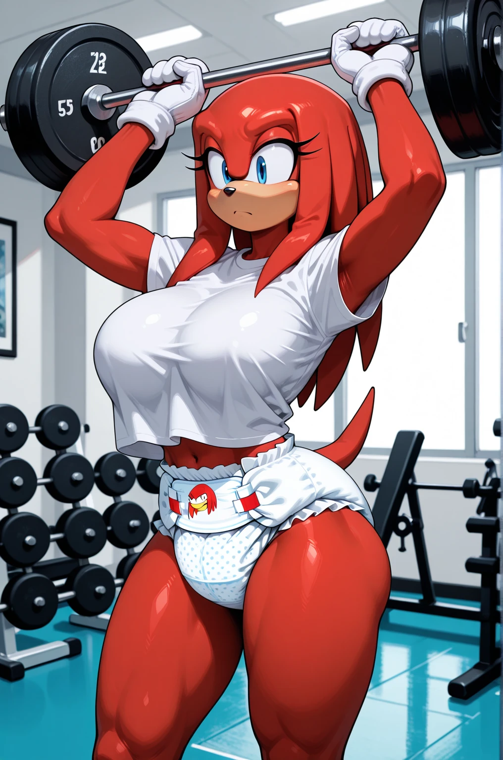 Knuckles the Echidna (Sonic the Hedgehog), (sonic series), masterpiece, high quality, high resolution, 1girl, 1futa, female, solo, (detailed beautiful faces), (perfect anatomy), none wearing clothes, nudes, purple eyes, huge breasts, nipples, huge nipples, abs, huge abs, huge muscles, flexing the biceps muscles, testicle, huge testicle, penis, huge penis, long huge penis, huge penis, huge penis, erection, full body, view at viewers, armpits, happy expression, blushing, cumming, semen, cums on breasts, cums on faces, testicle, tongue, lipstick, sweaty, wet, armpits, musk clouds, gym background