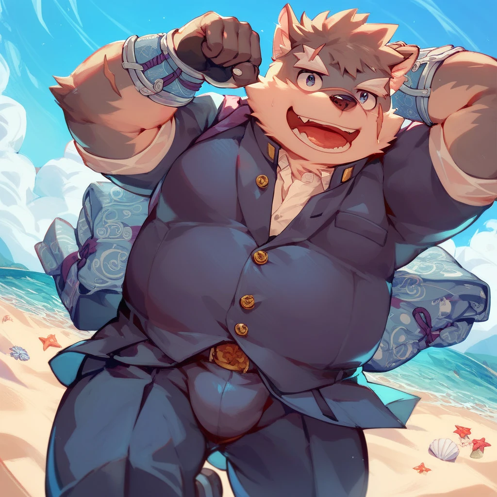 Just plump, chubby, extremely thick thighs, large belly,Create a photorealistic full body image of Fred Flinstone chubby chubby extremely thick thighs bulging belly wearing only red speedos as if he were a real man. Ele deveria ter barba por fazer. Japanese businessman, gordinho e atarracado, de 56 anos, ex-jogador de rugby, com cabelo curto e barba curta, in a suit and tie and competitive white swim pants, sentado em um banco em um parque tranquilo.(((talking to the spectator gesturing with his hands, dialogando, discutindo. he is calling the viewer, he is delivering something, he is gesturing for you to come closer to him. Gargalhando, zangado, triste, muito feliz, deprimido. Cabelos de cores variadas.))),looking at the sky, luz do sol brilhante, paradise beach
