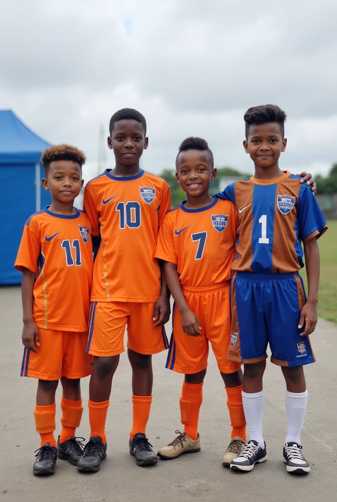 Create 5 sports uniform models for children, of with orange as the predominant color and blue as a complement showing the children in front and back view