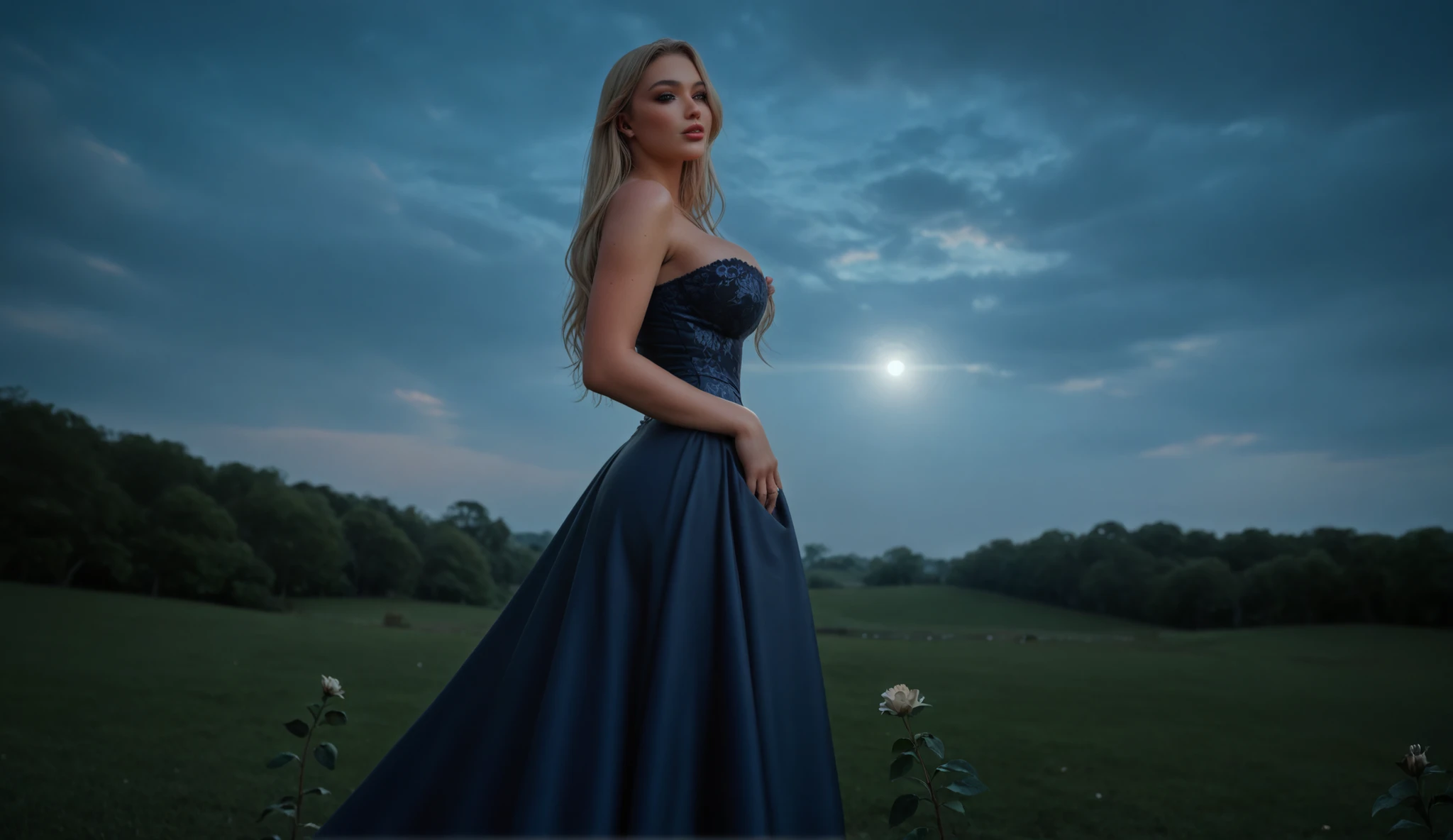 A stunning young woman with long blonde hair, WEARING A fitted black lace dress with sheer long sleeves, intricate floral patterns, and a high neckline. The dress has a dramatic mermaid silhouette and velvet accents. Set in a dim candle-lit environment for mysterious allure. BIG BUTT. HUGE BREAST. POSING confidently. A quiet stone courtyard in Tuscany, with vine-covered columns, olive trees, and terracotta planters. Marble paths and rustic benches invite graceful posing. European classic elegance, warm golden lighting, rich textures.