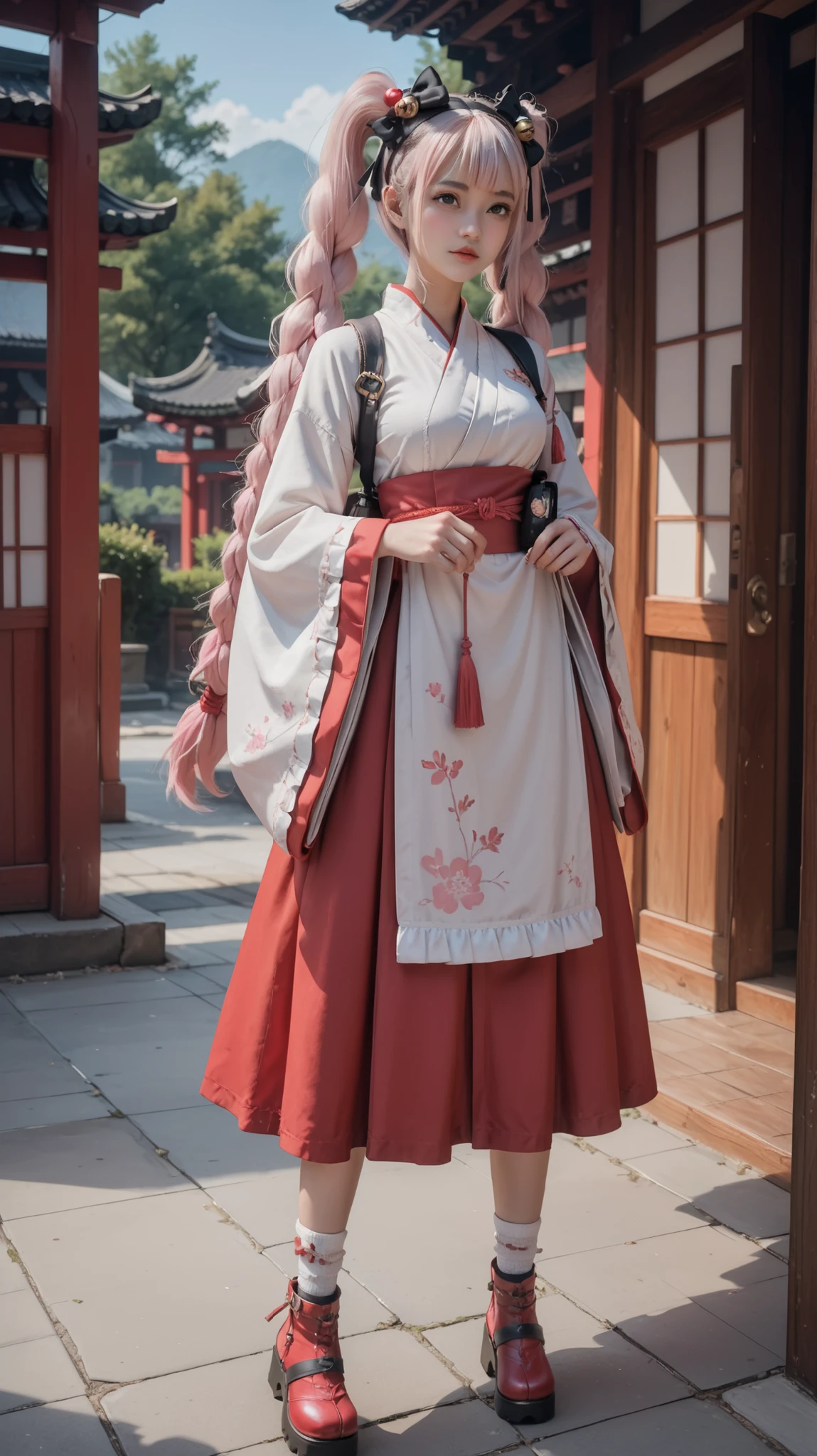 1girl, laylacollector, very long hair, white hair, pink hair, black hairband,twintails, twin braids, bangs, hair ornament, hair bell, hair bow, japanese clothes, wide sleeves, long sleeves, dress, frills, pouch, fingerless gloves, skirt, kneepads,socks, red footwear