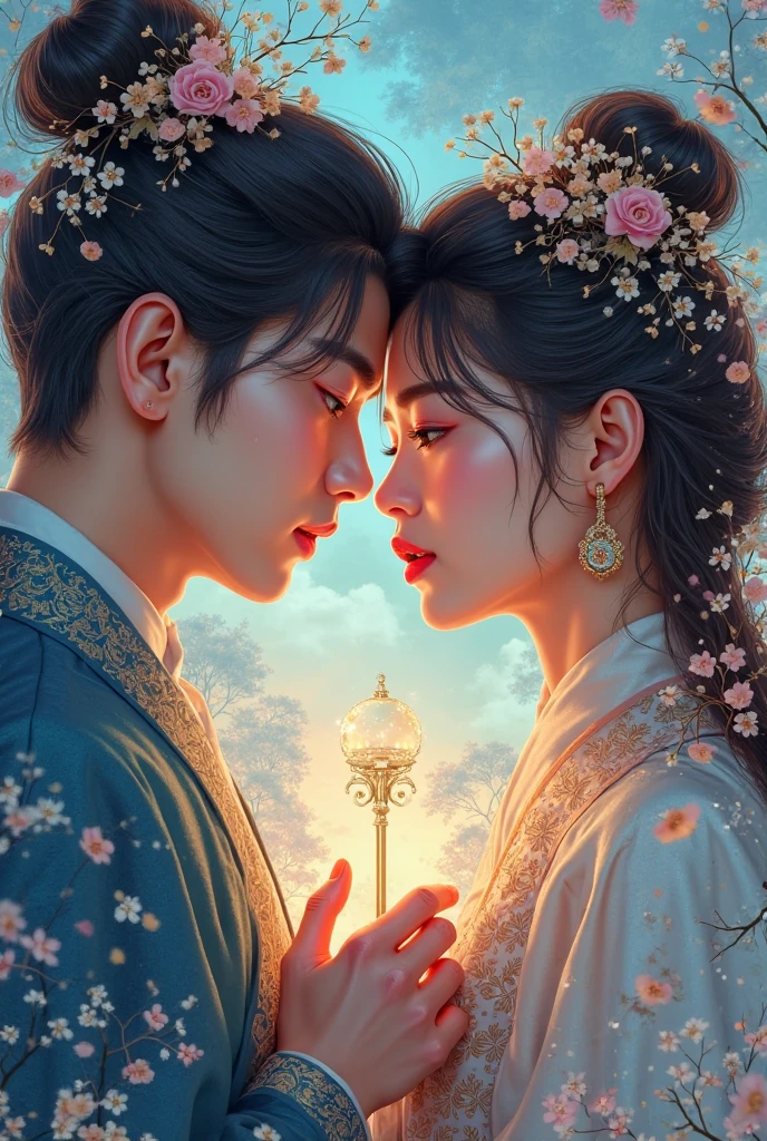 Couple of young mans, (( 1. Emperor outfit 2. Blue ))), flowers, jewelry, long sleeves, wide sleeves, chinese clothes, hanfu, embroidery, long skirt, long flowing hair, detailed face, detailed beautiful eyes, (intricate:1.3), (arcane aura:1.2), (dreamlike: 1.3), (subtle mist:1.1), (vibrant colors: 1.2), (detailed hair:1.3), (ultra realistic details:1.5),