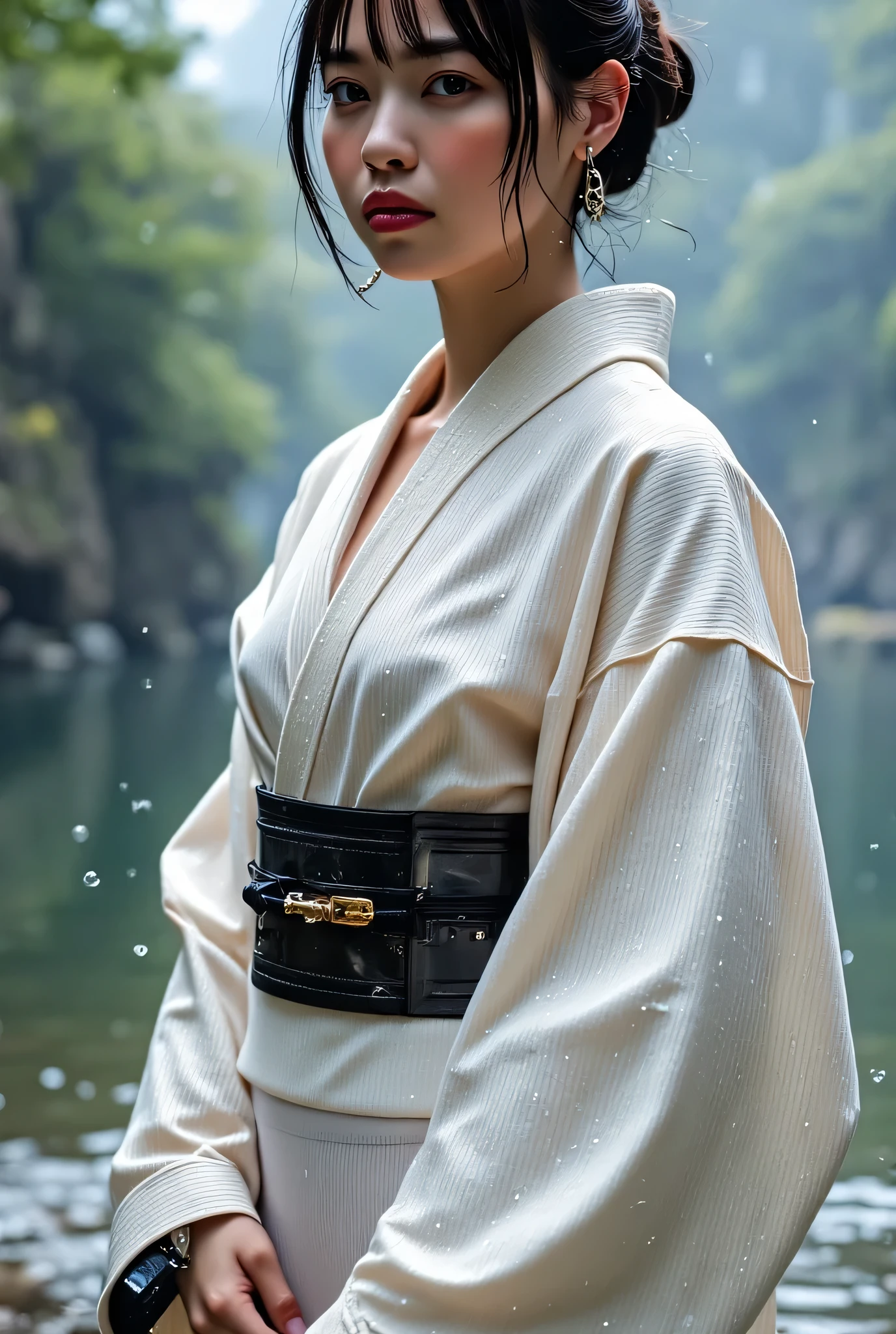 (((Lake on a Misty Morning:2.0))),(((HR Gigger-style cyberpunk atmosphere:2.0))),(((holding Japanese swords from the near future:2.0))),dynamic pose,standing,((full body:2.0)),One woman,(cute face),(Beautiful well-balanced face ),((braids with bangs:2.0)),(Wavy Black Hair:1.5),(beautiful eyes on my stomach:1.3),glamorous shot of a 20-year-old Japanese woman,Beautiful slender body,((model body type:2.0)),((slim body:1.7)),perfect body line,Ideal proportions,((big breasts:2.0)),((スリーサイズ90-58-86:3.0)),((G cup breasts:1.5)),Big Breasts,Bare thighs,Sensual Thighs,delicate body,(muscular:1.7),harmonious posture,((Realistic breast depiction :1.7)),carefully depicts limbs based on perfect anatomy,((Futuristic samurai style white super high leg leotard :2.0)),((White super high leg leotard:2.0)),((leotard with fitted corduroy white kimono with military coat style fur open on top:2.0)),((((white fishnet tights with rough mesh:2.0))))(( tactical holster to hide half of her face:2.0)),concept art with a bit of rock,(Highest Quality:1.5),(masterpiece:1.5),(超高resolution),resolution,UHD,(delicate depiction),carefully drawn,32k,((realistic skin texture crossing traffic lights:1.5)),(((super realistic:1.5))),carefully draw eyelashes,very detailed face,Highly detailed female hand, Sexy appearance ,Extremely Sensual,(Blurry Dim Backgrounds :1.5),Professional Photoshoot,(movie lights:2.0),((Blade Runner style lighting:2.0))