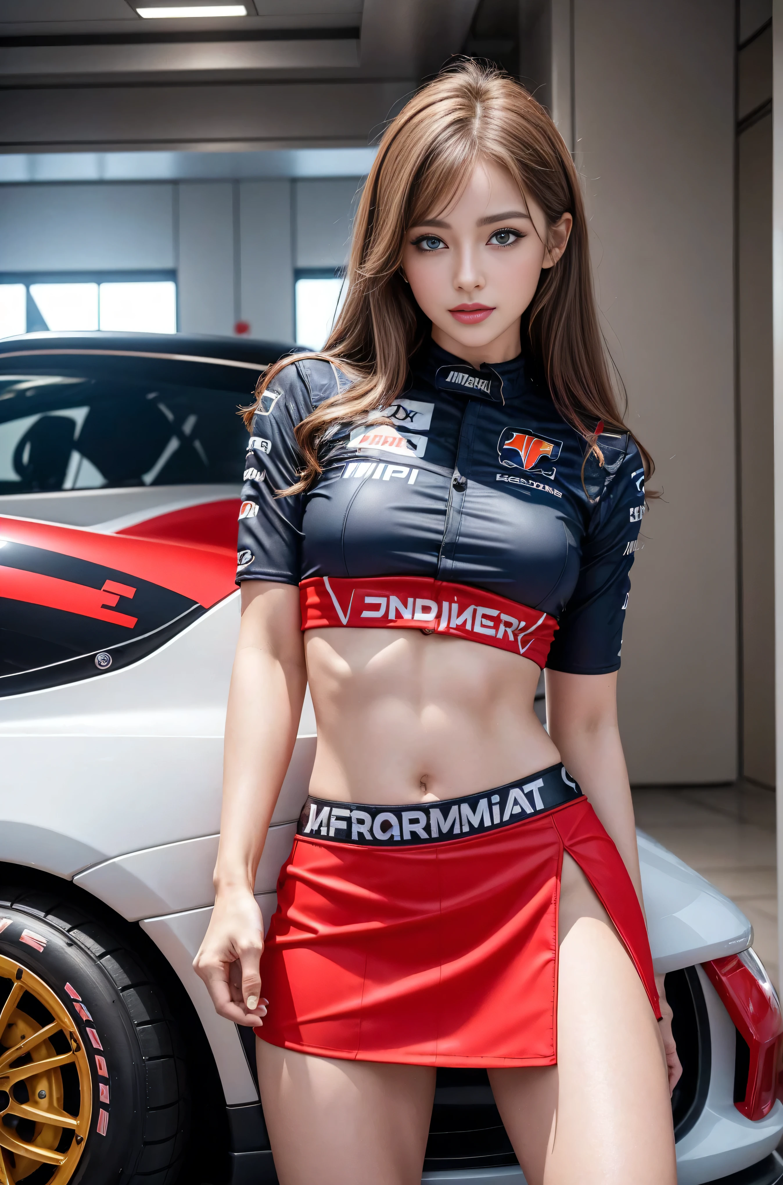 (((one shoulder gridgirl costume))),(((waving))),(((midriff peek))),(((show underboob ))),(((bare inner thigh))),(((show Formula One car))),ulzzang-6500-v1.1, (Raw photo:1.2), (Photo realistic:1.4), a beautiful detailed girl, extremely detailed eye and face, beautiful detailed eyes, ultra-detailed, High resolution, top-quality, masterpiece, highly detailed, 8k wallpaper, Wonderful, finely detail, top-quality, Light on the face,电影灯光,1girl in,(auto race track),Beautiful eyes,smile,Opening Mouth