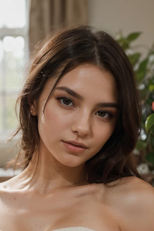 (best quality,ultra-detailed,highres:1.2)A woman, (portrait:1.1), posing in (selfie mode:1.1) with the front camera of her phone. She is (beautiful:1.1) with (perfectly defined facial features:1.1), including (detailed eyes:1.1), (detailed lips:1.1), and (flawless skin:1.1). She is wearing (hot and fashionable clothing:1.1) that reveals her (curves:1.1) and enhances her (femininity:1.1). The (outfit:1.05) is (vividly colored:1.1) with (bold patterns:1.1) and (attractive accessories:1.1). The woman is (confidently:1.1) (holding:1.1) the phone at an (elevated angle:1.1), capturing her (best angle:1.1) and (showcasing her beauty:1.1). The lighting is (studio-like:1.1), with (soft and flattering:1.1) illumination that accentuates her features. The overall (color palette:1.1) is (vibrant:1.1) with (warm tones:1.1), creating a (bold and alluring:1.1) atmosphere.