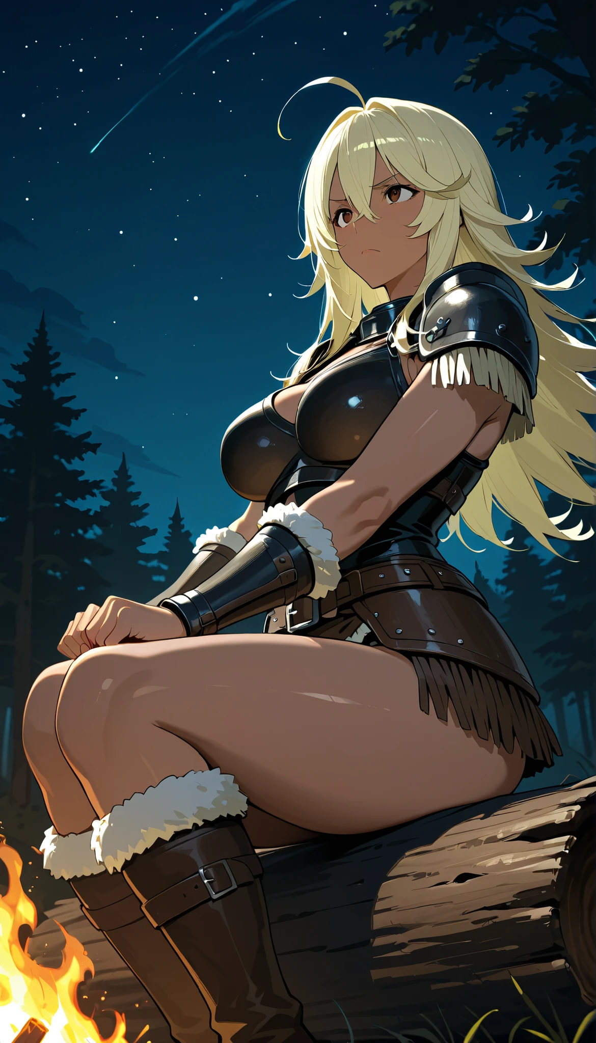 Takeda, masterpiece, detailed, extremely detailed face, perfect lighting, perfect anatomy, perfect body, perfect hands, perfect fingers, detailed face, detailed eyes, score_9, score_8_ up, score_7_ up, anatomically correct, {1girl}: (older female, mature female, dark skin, dark skinned female, medium breasts, fit female, wide hips, (light blonde hair:1.2), long hair, fringe, spiky hair, ahoge , double-parted bangs, bangs between eyes, flipped hair, brown eyes), BREAK, thighs, from side, looking up, sitting, sitting on a log, barbarian armor, leather boots, boots, relaxing, frown, sky, night, stars, forest, lagoon, bonfire, dynamic angle.