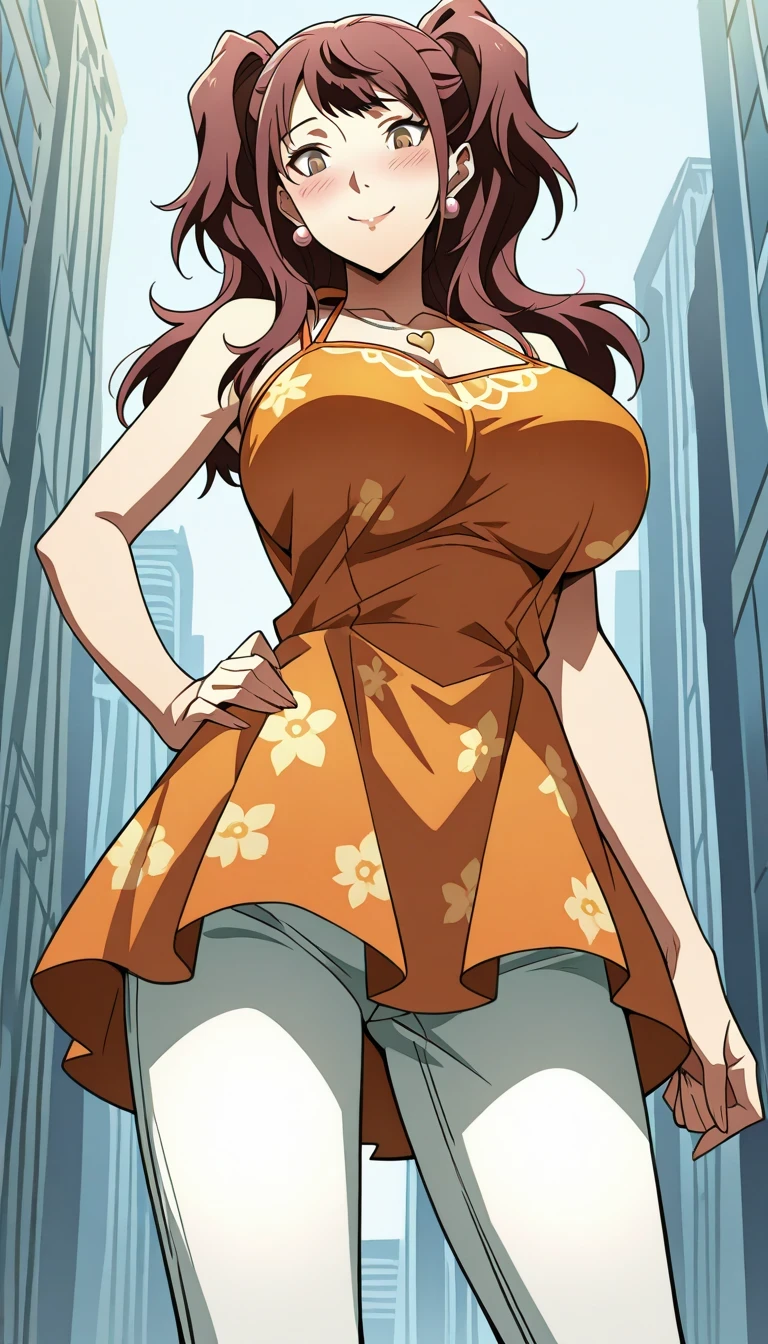 (masterwork, masterpiece, best quality, hyper-detailed),
1 girl, solo,
p4rise, kujikawa rise, twintails, long hair, brown hair, earrings
p4rise-sumcas, heart necklace, pendant, dress, short dress, orange dress, halterneck, spaghetti straps, flower print, pants, capri pants, white pants,
standing, cowboy shot, looking down. The perspective is a low-angle shot from the ground, making her appear towering over city buildings. The background features the buildings are modern high-rise structures. ,happy smile,gigantic breasts,underboobs,shy,hand on hips,blush,Rise as giantess