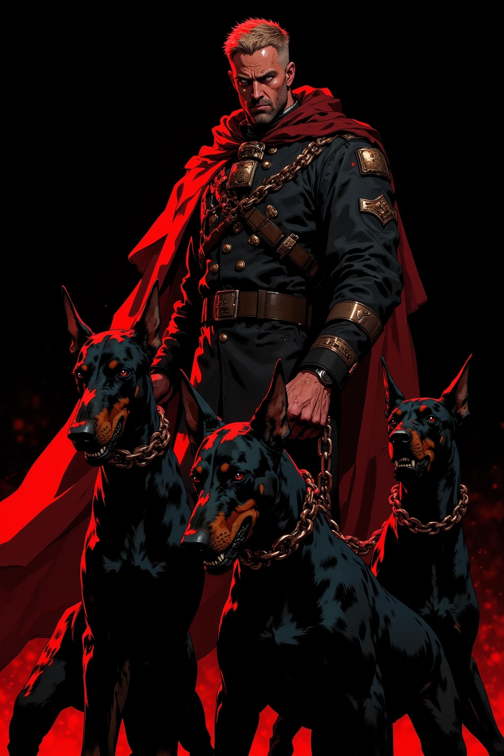 illustration of the right hand and Doberman, He has several heavy chain leads wrapped around his right hand、 He is accompanied by three huge Dobermans, The Doberman has black fur、redい目、 sharp fangs,dark fantasy style,high-definition precision drawing on a black background, Dramatic lighting, The soldier's uniform is clean,On a black base,dramatic backlighting on a black base accentuates the silhouette of the right hand and Cerberus, High-definition and intricate details、Heavy Atmosphere, The color is composed mainly of black 、red、ダークグレーを基調にドーベルマンに炎や目のred, Accentuated with the shine of metal,only let the right hand appear,bare hands