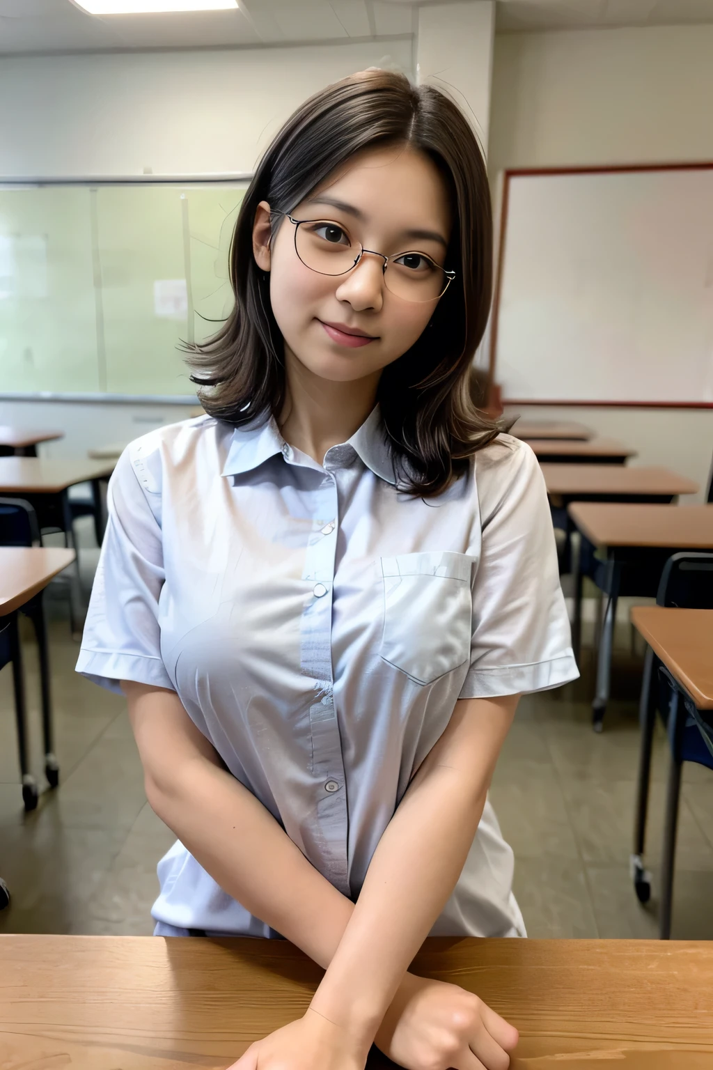RAW, Best quality, high resolution, masterpiece: 1.3), Beautiful young indonesian girl with short wavy hair, eyeglass, sex pose, sensual body, on a top of table of class room, ((senior high school clothes)), orgasm, highres, 4k, HDR, 1girl, photorealistic, realistic, big breasts, short wavy hair, ((whole body)), class-room,